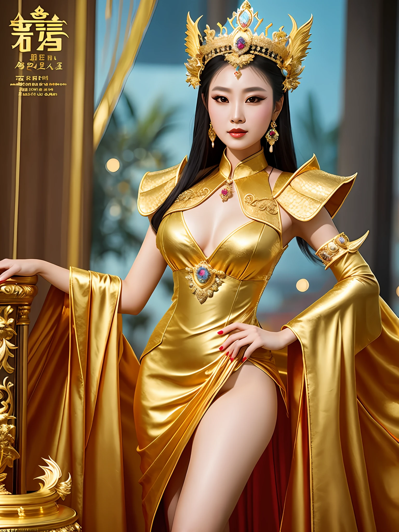 a woman in a gold dress posing for a picture, tanny skin, queen of the sea mu yanling, amazon queen, rendering of beauty pageant, sha xi, diablo 4 queen, xianxia fantasy, shan shui, artificial intelligence princess, women full body, dragon queen, elegant gold skin, slim female figure, korean mmo, dressed as a queen, magazine ad with high heels