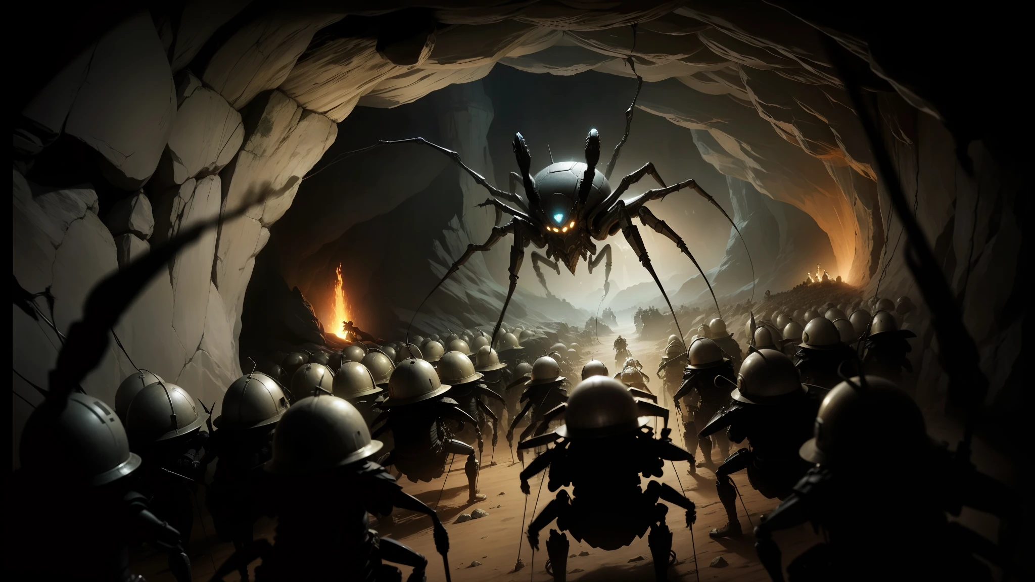 arafed image of a group of soldiers in a cave with a giant spider, still from despicable me 2010, cockroach character, in a space horror setting, migrant mother, promotional movie still, claymore, ps 3, photo of, an army of evil, wētā fx, cavalry, apophis --auto --s2