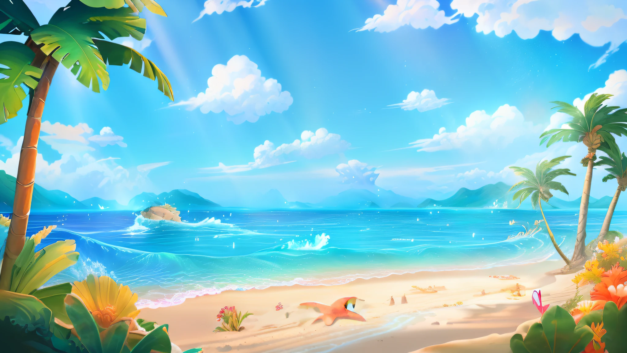 there is a picture of a beach scene with palm trees and a starfish, beach background, mobile game background, seaside backgroud, island background, background artwork, background art, anime background art, amazing wallpaper, sunny day background, breezy background, sunny day at beach, beautiful wallpaper, amazing background, anime background, tropical beach paradise, iphone background, beach landscape