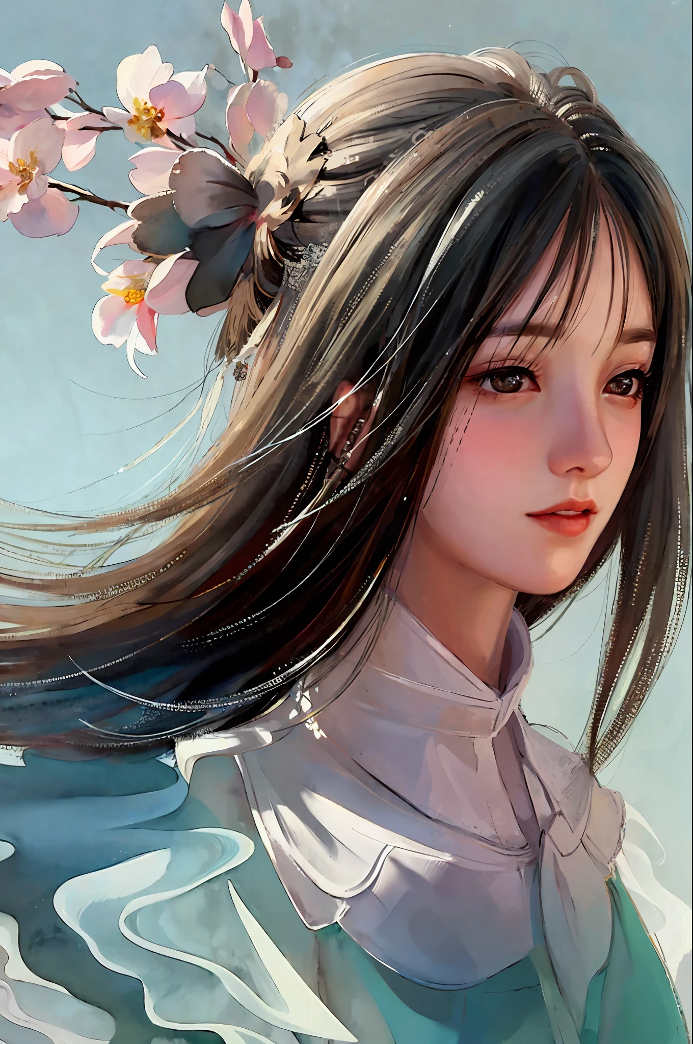 stechu,(white background:1.4), ((tachi-e)), original,(illustration:1.1),(best quality),(masterpiece:1.1),(extremely detailed CG unity 8k wallpaper:1.1), (colorful:0.9),(panorama shot:1.4),(solo:1.2), (ink splashing),(color splashing),((watercolor)), clear sharp focus,{ 1girl standing },((korean style )),flower background,outdoors,rocks, looking at viewer, make happy expressions,soft smile,pure,beautyfull detailed face and eyes,beautyfull intricacy clothing decorative pattern details, black hair,black eyes,colorwater