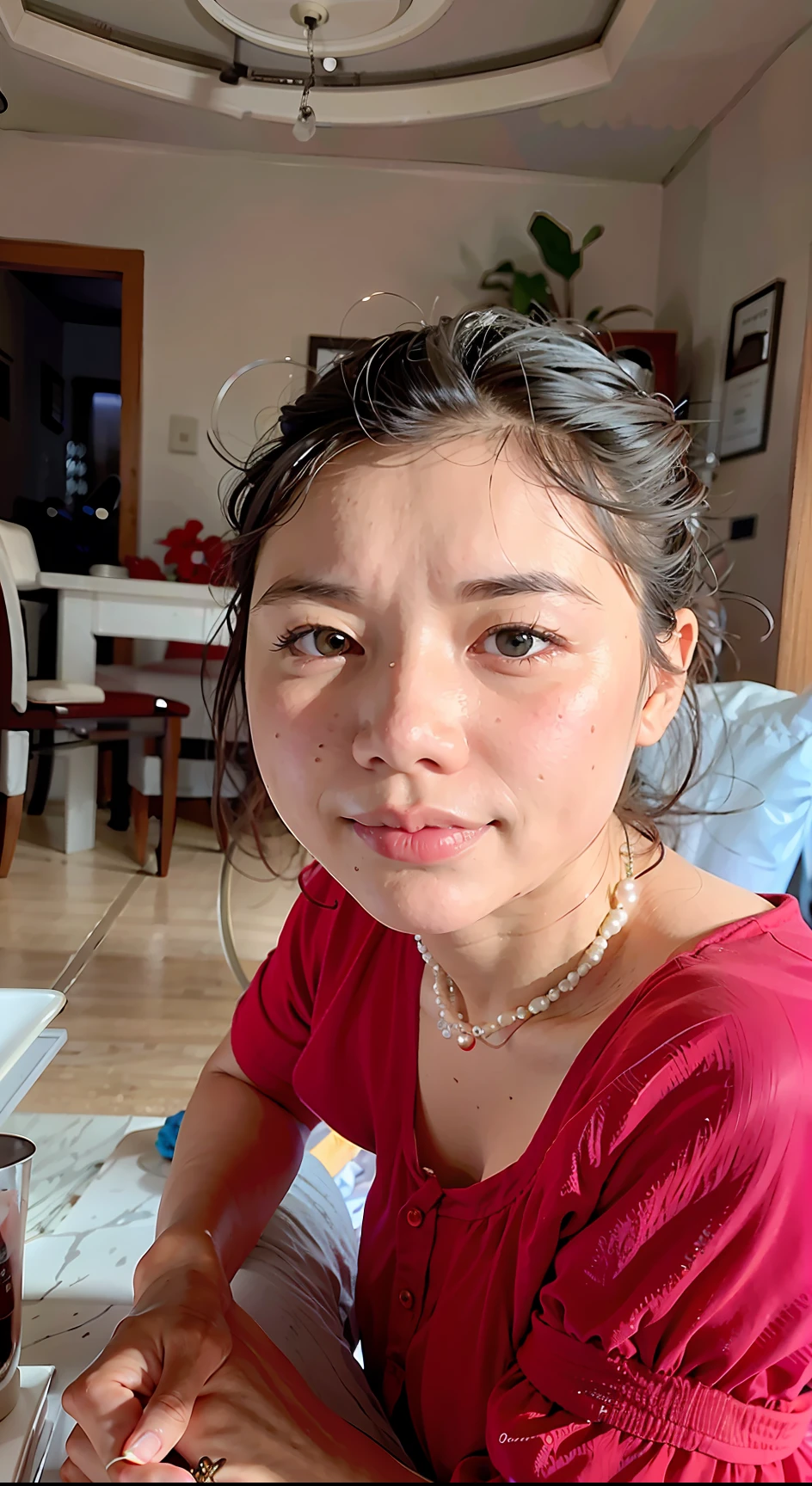 There is a woman sitting at a table, holding a plate of food, portrait of a woman aged 40, 38, 3 8 years old, (38 years old), 8K selfie photo, 3 6 years old, Asian woman, late - 4 0 years old, 4 0 years old, round face Southeast Asian wearing a straw hat. Necklace pearls. Expose big breasts