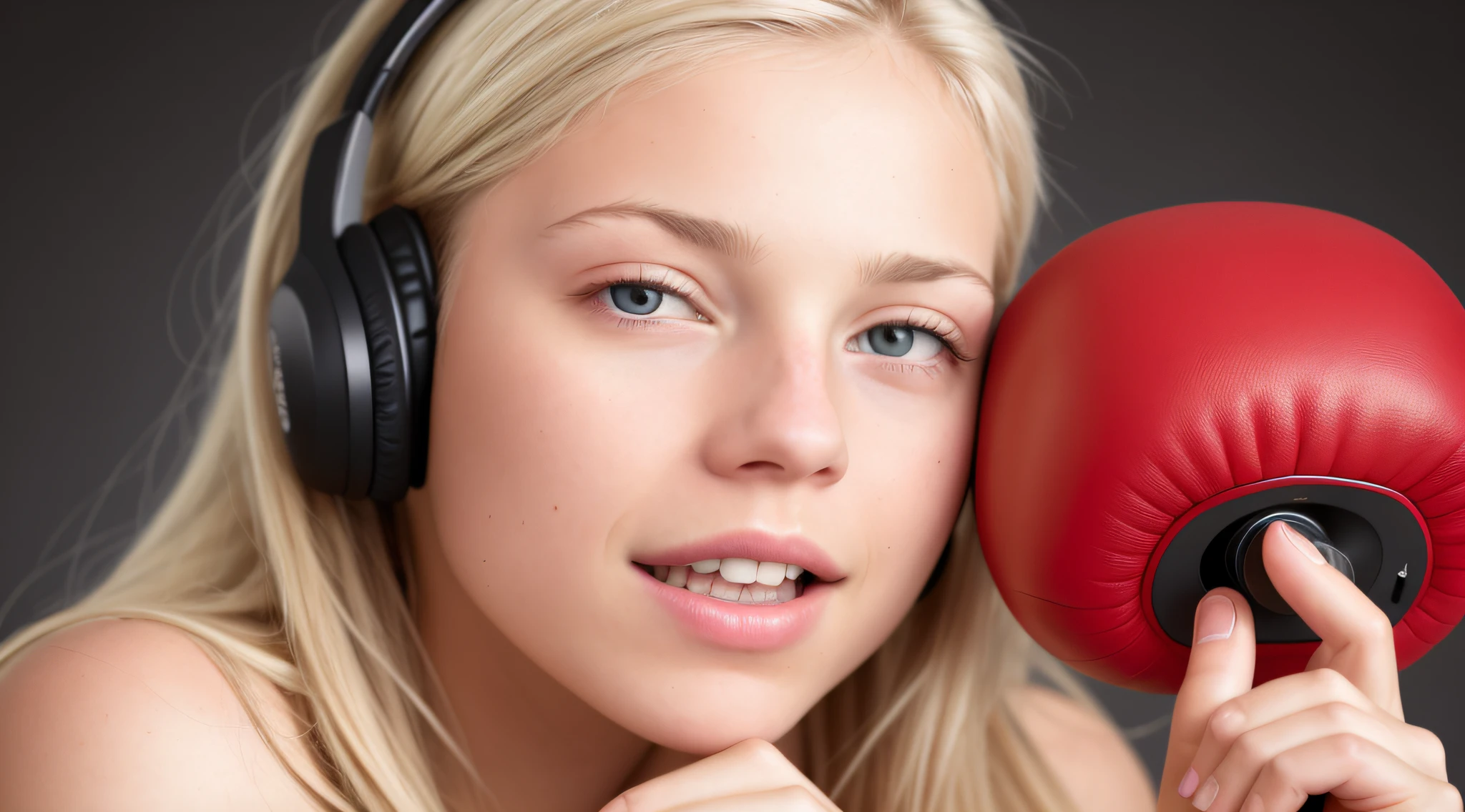close-up of a hyper-detailed portrait of a PLATINUM BLONDE WITH STRAIGHT HAIR 10 YEtiful, perfect body,RED BACKGROUND, WITH BOXING GLOVES, digital RAW color photo with extremely high details, ((using wireless headphones)), HDR, 8k resolution, smooth, (blur): 1.7, (warm and soft ambient light):1.8, atmosphere, realistic, (volumetric mist):1.6, depth of field, side lighting, photographed on a Kodak box camera