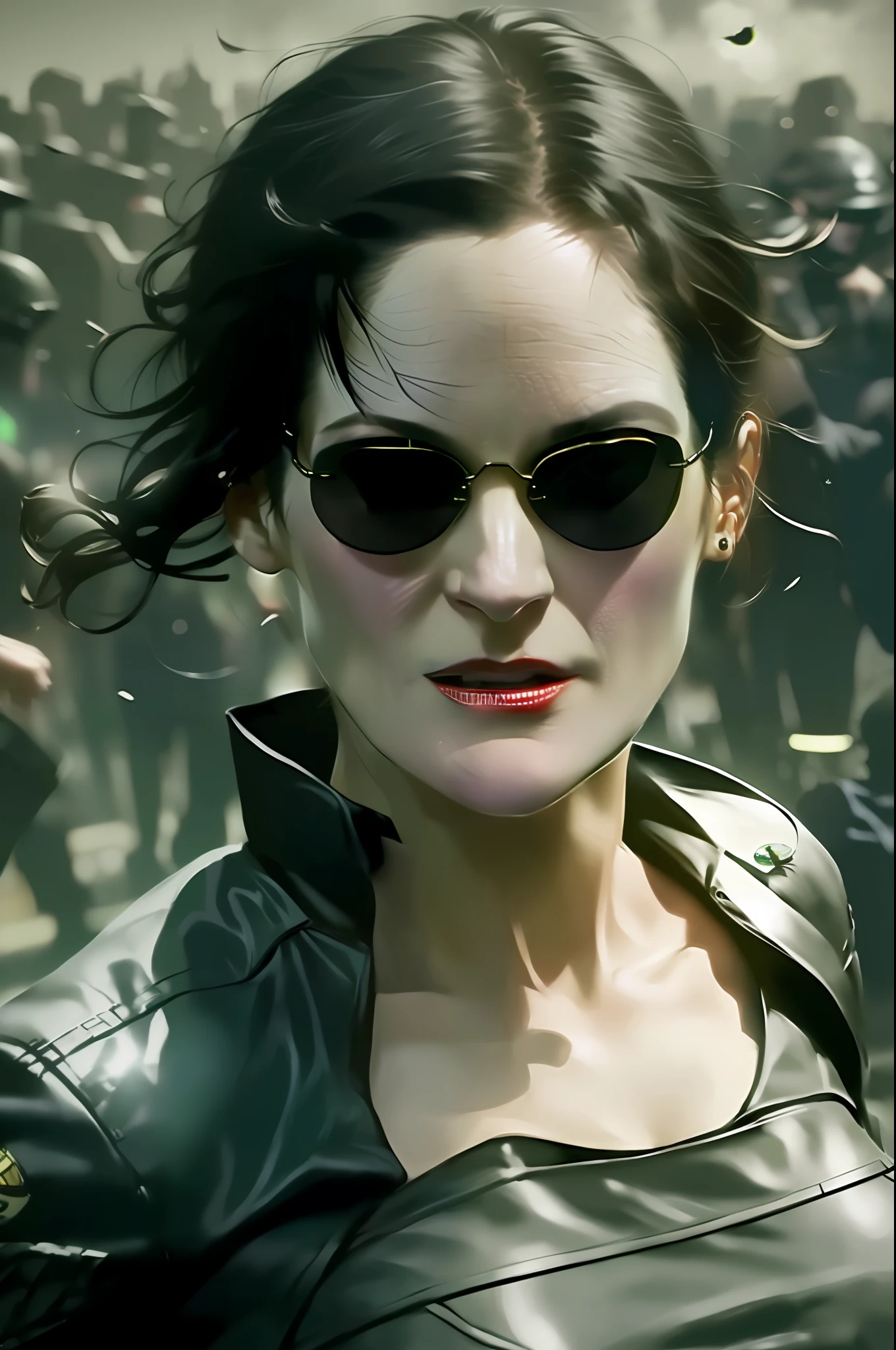 fan art of a neo tokyo photoshoot of a woman (trinity from the matrix 1999), ((trinity from matrix face)), the matrix (1999), sunglasses, night, 80mm, ((western animation)), (trinity the matrix (1999)), (short hair), (tokyo street nights), ((short hair trinity)), (((Carrie-Anne Moss)))