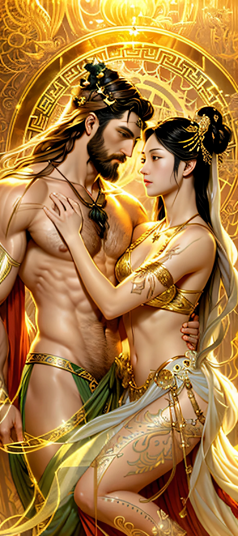 Painted portrait of rough Zeus, Thor, Greek god, on Mount Olympus, full body, mature, handsome, fantastical, intricate, elegant, very detailed, digital painting, artstation, concept art, smooth, clear focus, illustration, artwork by gaston bussiere and alphonse mucha, (couple cuddled), a man and a woman, sexy, nude, naked, transparent, drenched, Chinese mythology, ultra-clear, rich in detail