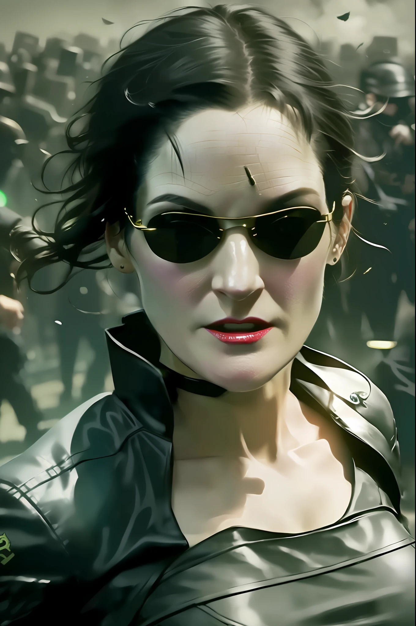 fan art of a neo tokyo photoshoot of a woman (trinity from the matrix 1999), ((trinity from matrix face)), the matrix (1999), sunglasses, night, 80mm, ((western animation)), (trinity the matrix (1999)), (short hair), (tokyo street nights), ((short hair trinity)), (((Carrie-Anne Moss)))