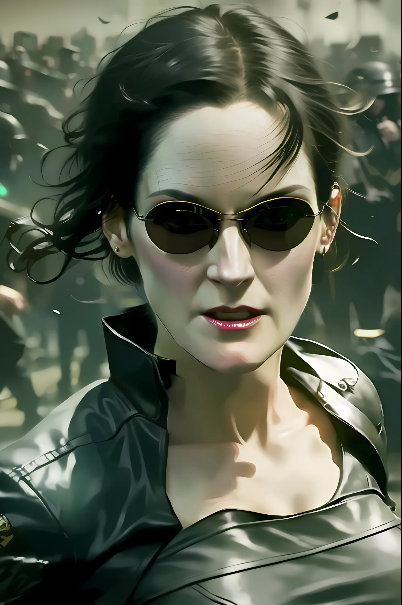fan art of a neo tokyo photoshoot of a woman (trinity from the matrix 1999), ((trinity from matrix face)), the matrix (1999), sunglasses, night, 80mm, ((western animation)), (trinity the matrix (1999)), (short hair), (tokyo street nights), ((short hair trinity)), (((Carrie-Anne Moss)))