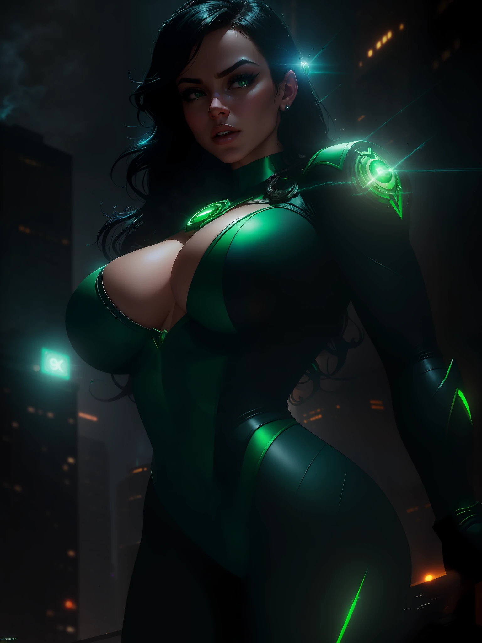 Scene from the movie, Sexy Woman dressed as Green Lantern from DC, big boobs, extremely detailed, futuristic cityscape, nighttime, glowing neon lights, smoke, sparks, metal shavings, flying debris, blue energy effects, volumetric light
