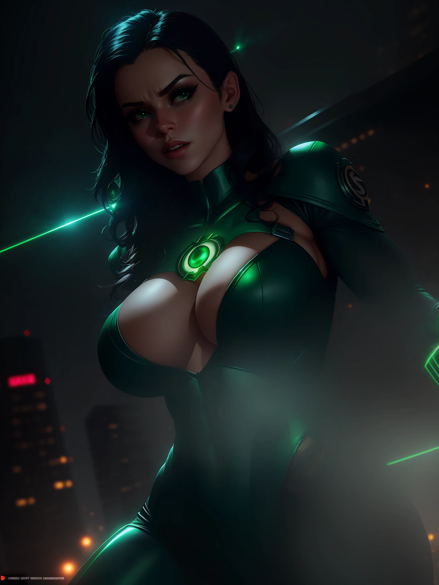 Scene from the movie, Sexy Woman dressed as Green Lantern from DC, big boobs, extremely detailed, futuristic cityscape, nighttime, glowing neon lights, smoke, sparks, metal shavings, flying debris, blue energy effects, volumetric light