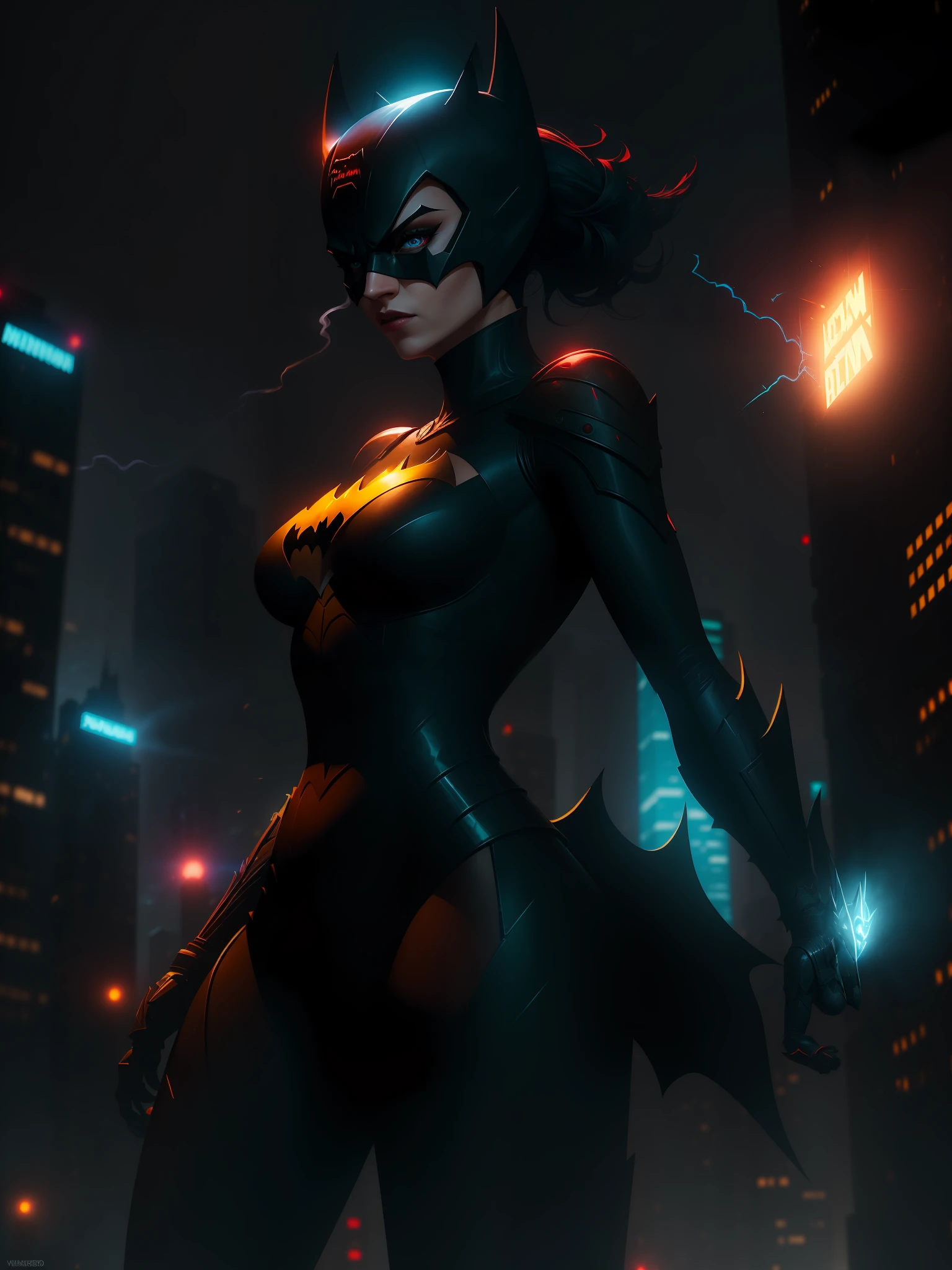 Scene from the movie, Woman dressed as Batman Beyond from DC, extremely detailed, futuristic cityscape, nighttime, glowing neon lights, smoke, sparks, metal shavings, flying debris, blue energy effects, volumetric light