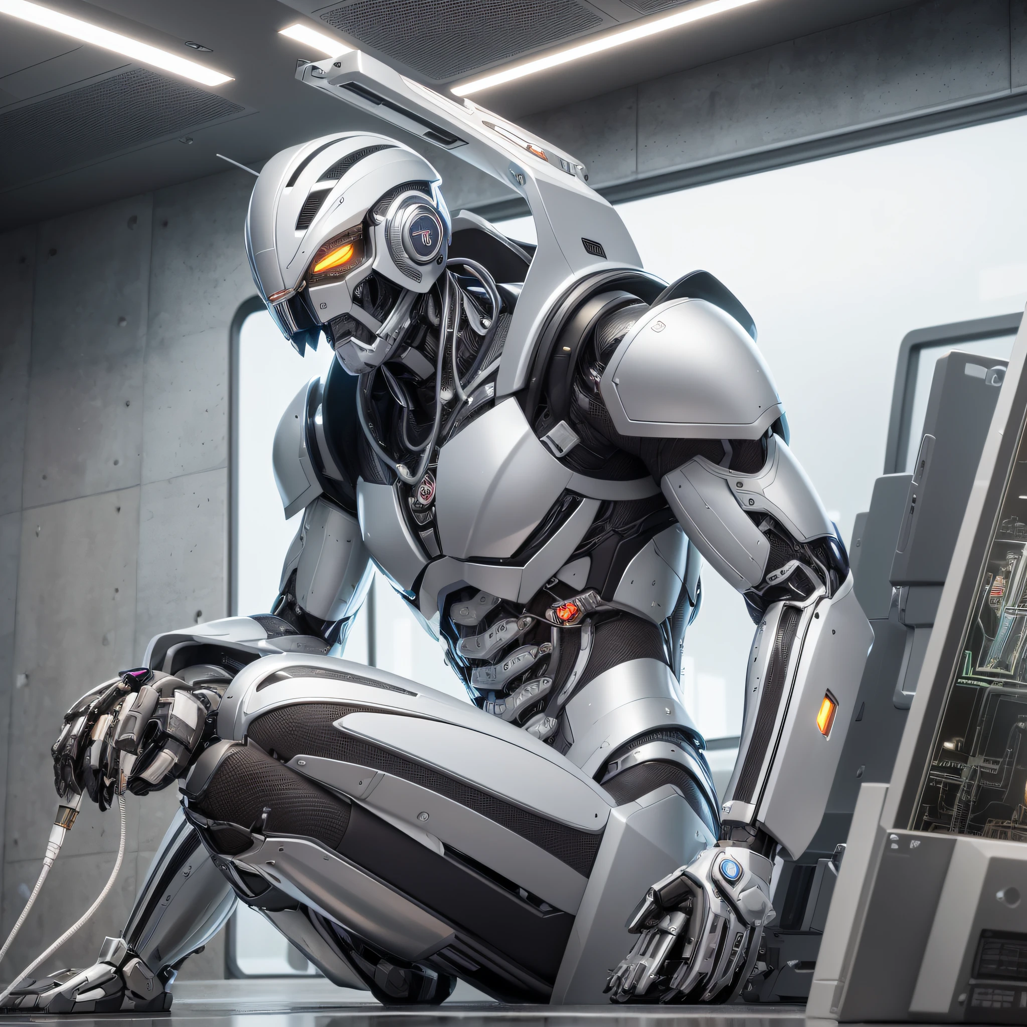 Complex 3d rendering, mecha parts, mecha optimization, beautiful studio soft light, edge light, vibrant details, luxurious cyberpunk, surrealism, anatomy, facial muscles, cable wires, microchips, elegant, beautiful background, octane rendering, HR Giger style, 8k, best quality, masterpiece, illustration, very refined and beautiful, very detailed, CG, unified, wallpaper, (realism, Realism: 1.37), amazing, fine details, masterpiece, best quality, official art, very detailed CG unified 8k wallpaper, ridiculous, incredibly ridiculous, silver helmet, full body, sitting --auto --s2