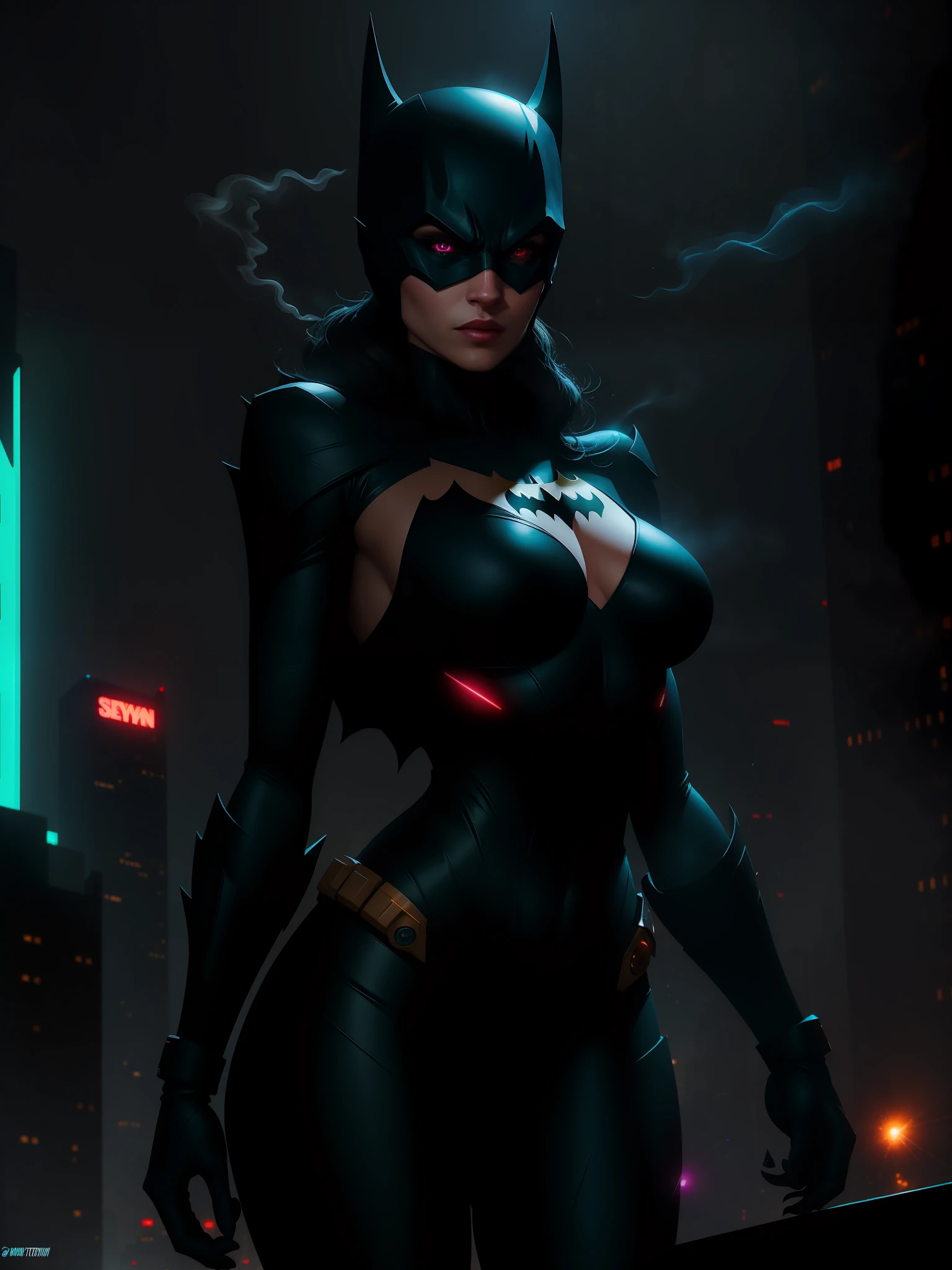 Scene from the movie, Sexy Woman dressed as Batman Beyond from DC, extremely detailed, futuristic cityscape, nighttime, glowing neon lights, smoke, sparks, metal shavings, flying debris, blue energy effects, volumetric light