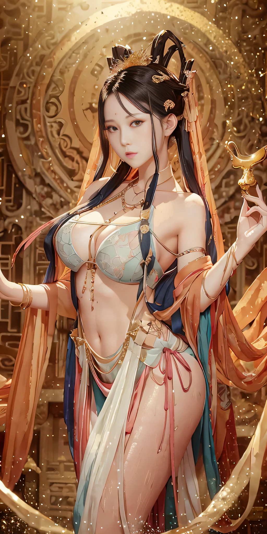 Beauty, sexy, big breasts, cleavage, bare legs, see-through, (chained), arms open, standing, hanfu, wet, clear, realistic, highest detail