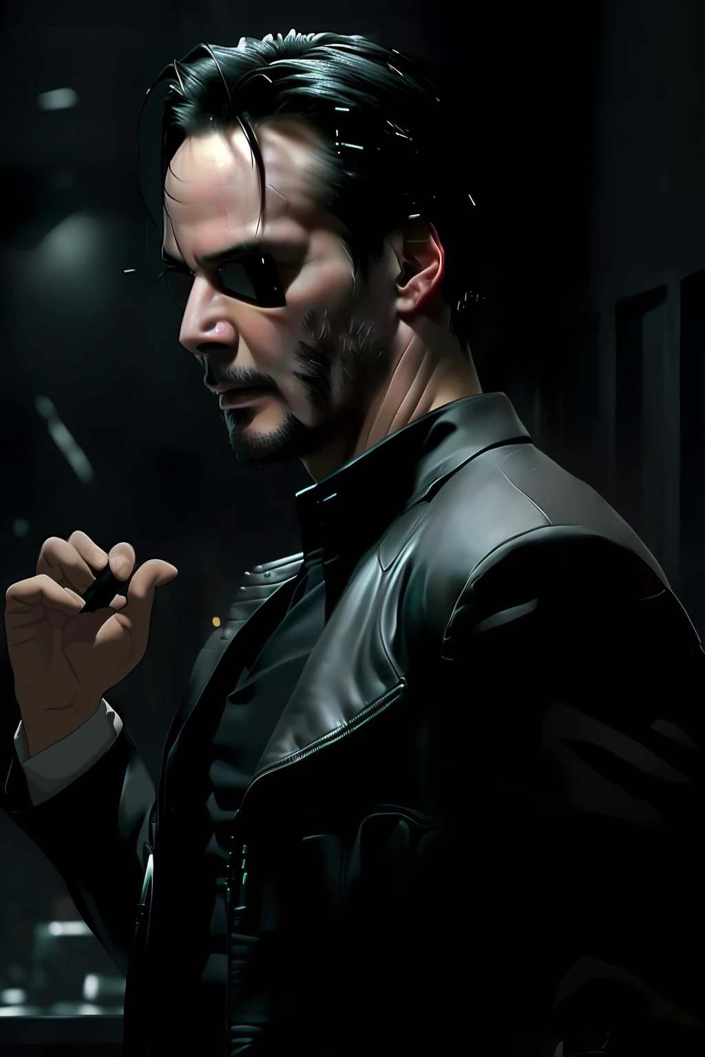 Neo wearing black trench coat with cape, black leather ,(((Keanu Reeves face como neo de The Matrix 1999))) face ,((melhor qualidade)), ((obra-prima)), (detalhada) fan art de (neo from the matix) face, ((neo de matrix face)), keanu reaves, the matrix (1999), óculos escuros, noite, 80mm, ((animação ocidental)), (neo the matrix (1999)), (cabelo curto), (Tokyo Street Nights), (((beardless))), (((Neo from The Matrix 1999))), (((young)))