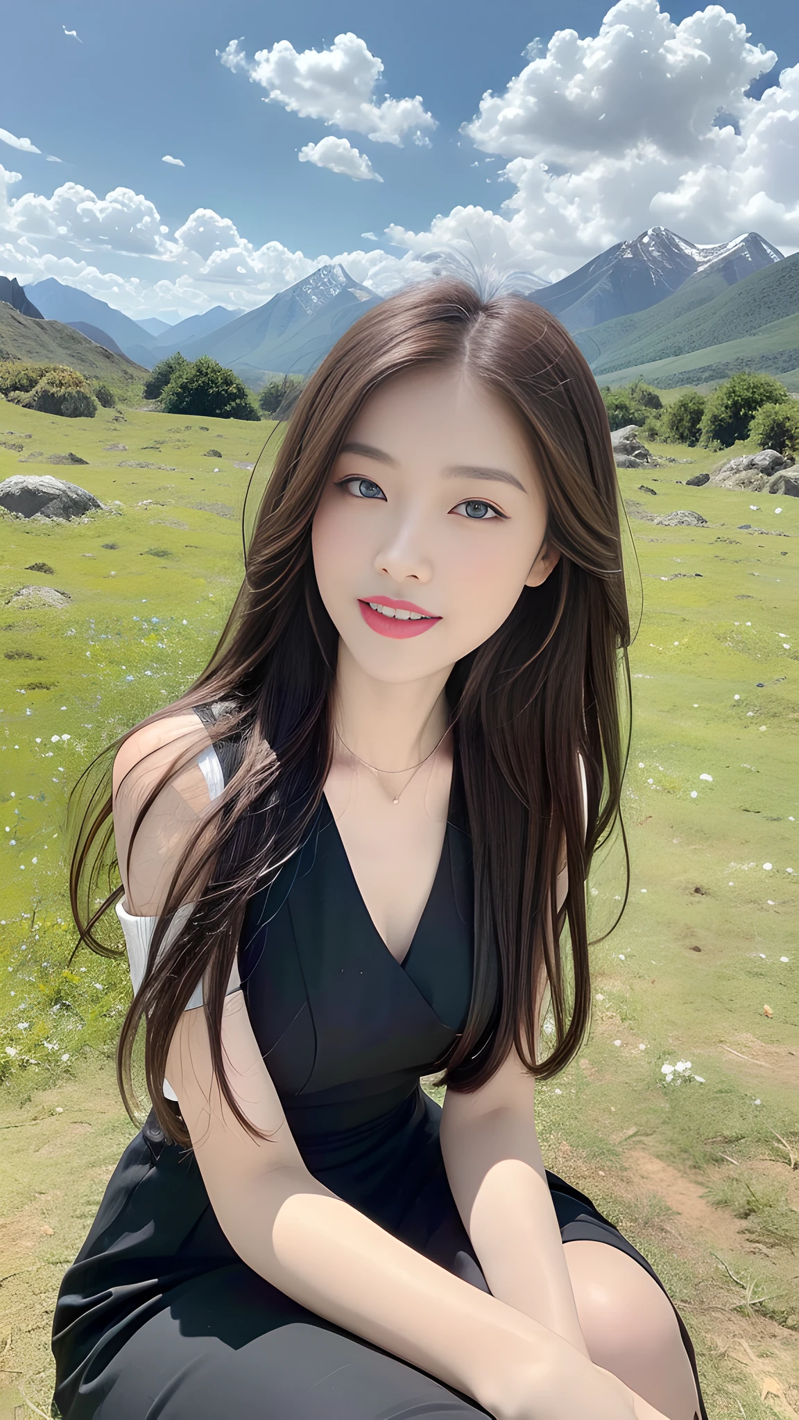 ((Best Quality, 8K, Masterpiece: 1.3)), A beautiful girl, pure, melon face, gentle and cute, thin figure, (frontal), (tilted head), looking directly at the camera, collared dress, grey dress, layered dress, long dress, black silky long straight hair, long hair flowing over the shoulders, round black big eyes, clear big eyes, moist red lips, sweet smile, sitting, hands on knees, blue sky and white clouds, sunshine, grassland, Mountain peak, northern view of the Tibetan steppe