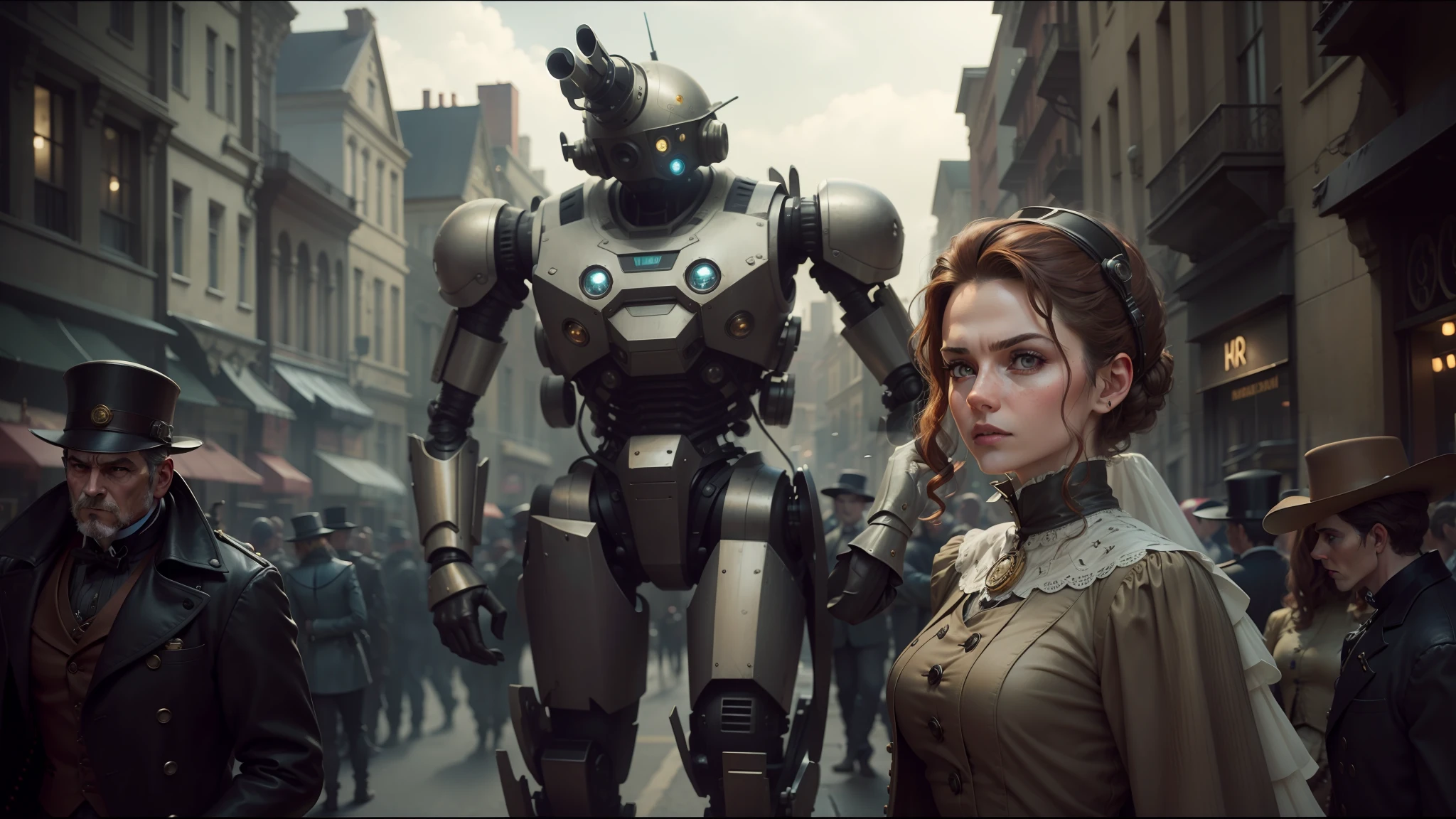 there is a woman standing in front of a robot in a street, set in a steampunk world, cgi 8k, tessgarman, rupert everton, both wearing victorian clothes, gray anthropomorphic, golden computers, attractive brown hair woman, movie still of a tired, parade, urban patrol, style of dragan bibin, annie leibovitz photography --auto --s2