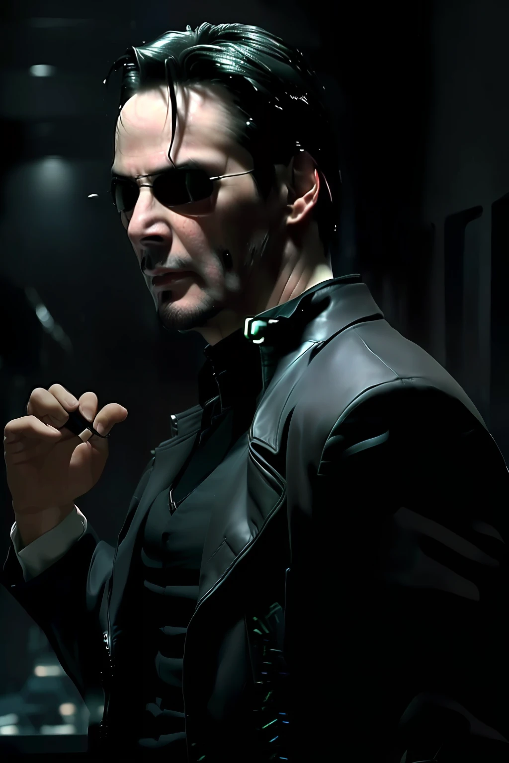 Neo wearing black trench coat with cape, black leather ,(((Keanu Reeves face como neo de The Matrix 1999))) face ,((melhor qualidade)), ((obra-prima)), (detalhada) fan art de (neo from the matix) face, ((neo de matrix face)), keanu reaves, the matrix (1999), óculos escuros, noite, 80mm, ((animação ocidental)), (neo the matrix (1999)), (cabelo curto), (Tokyo Street Nights), (((beardless))), (((Neo from The Matrix 1999))), (((young)))