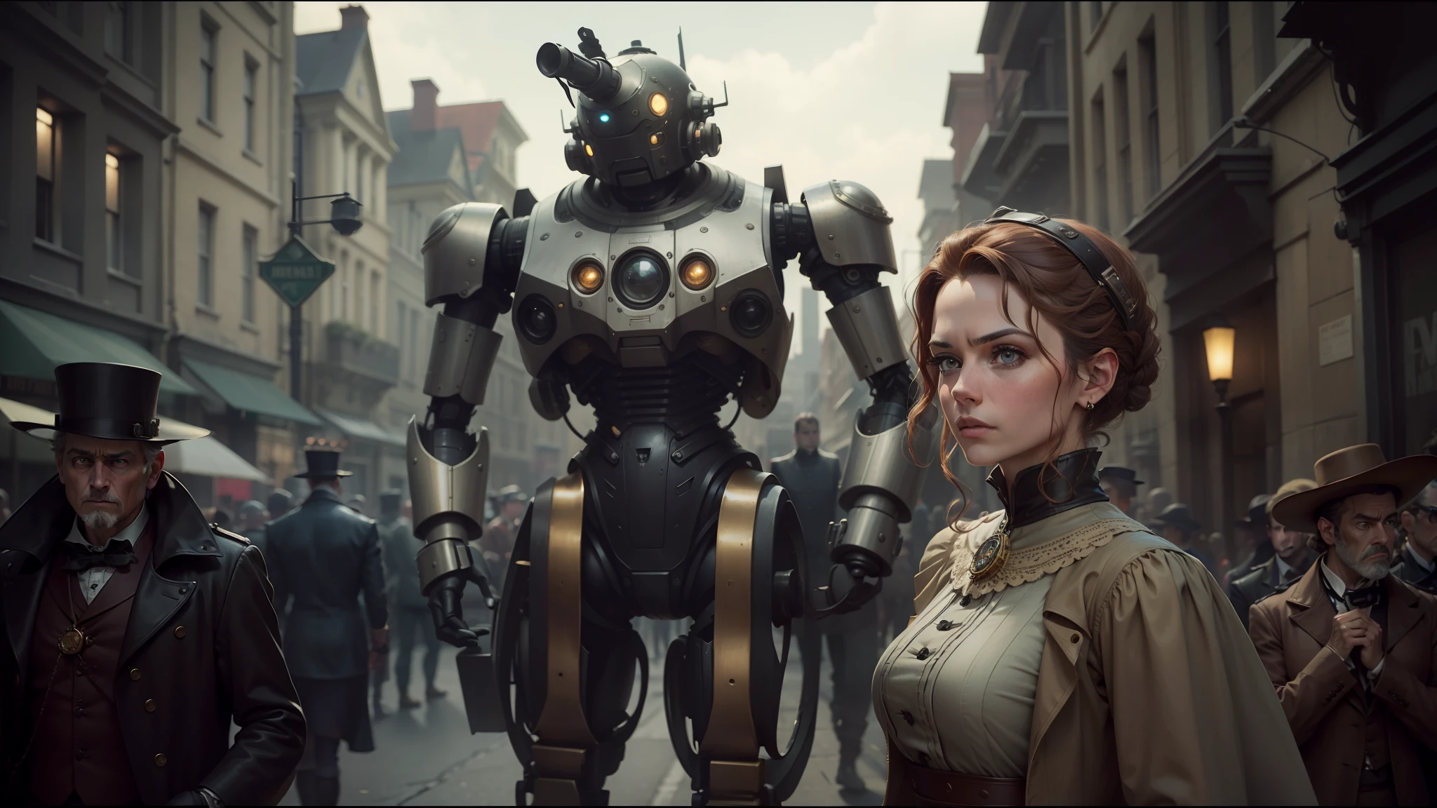 there is a woman standing in front of a robot in a street, set in a steampunk world, cgi 8k, tessgarman, rupert everton, both wearing victorian clothes, gray anthropomorphic, golden computers, attractive brown hair woman, movie still of a tired, parade, urban patrol, style of dragan bibin, annie leibovitz photography --auto --s2