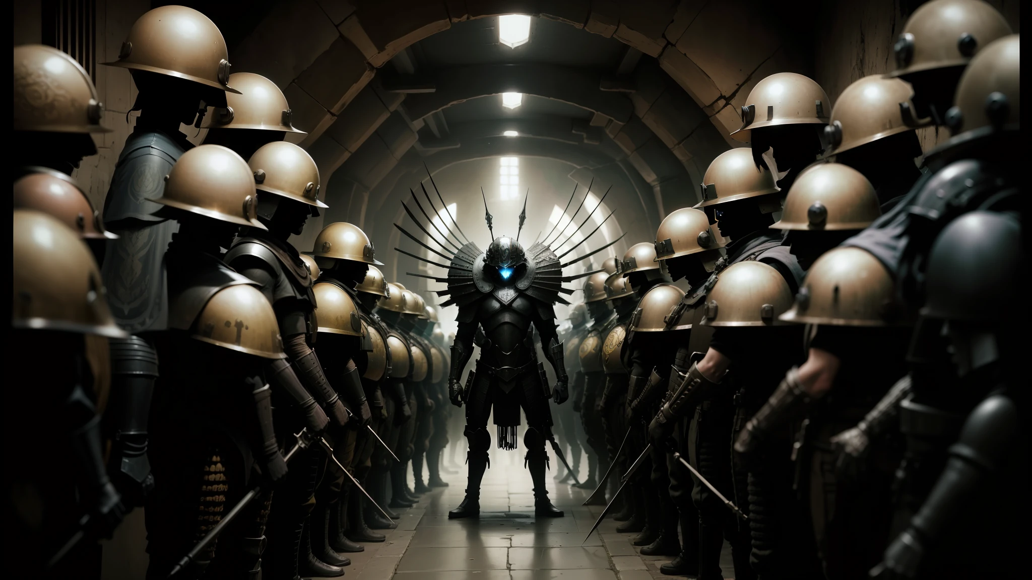 arafed image of a group of soldiers with helmets and weapons, die antwoord music video, boris artzybasheff and hr giger, in screenshot from the 300 movie, giant aztec spaceship, by Aladár Körösfői-Kriesch, inspired by Louis-Léopold Boilly, conformity, walls --auto --s2