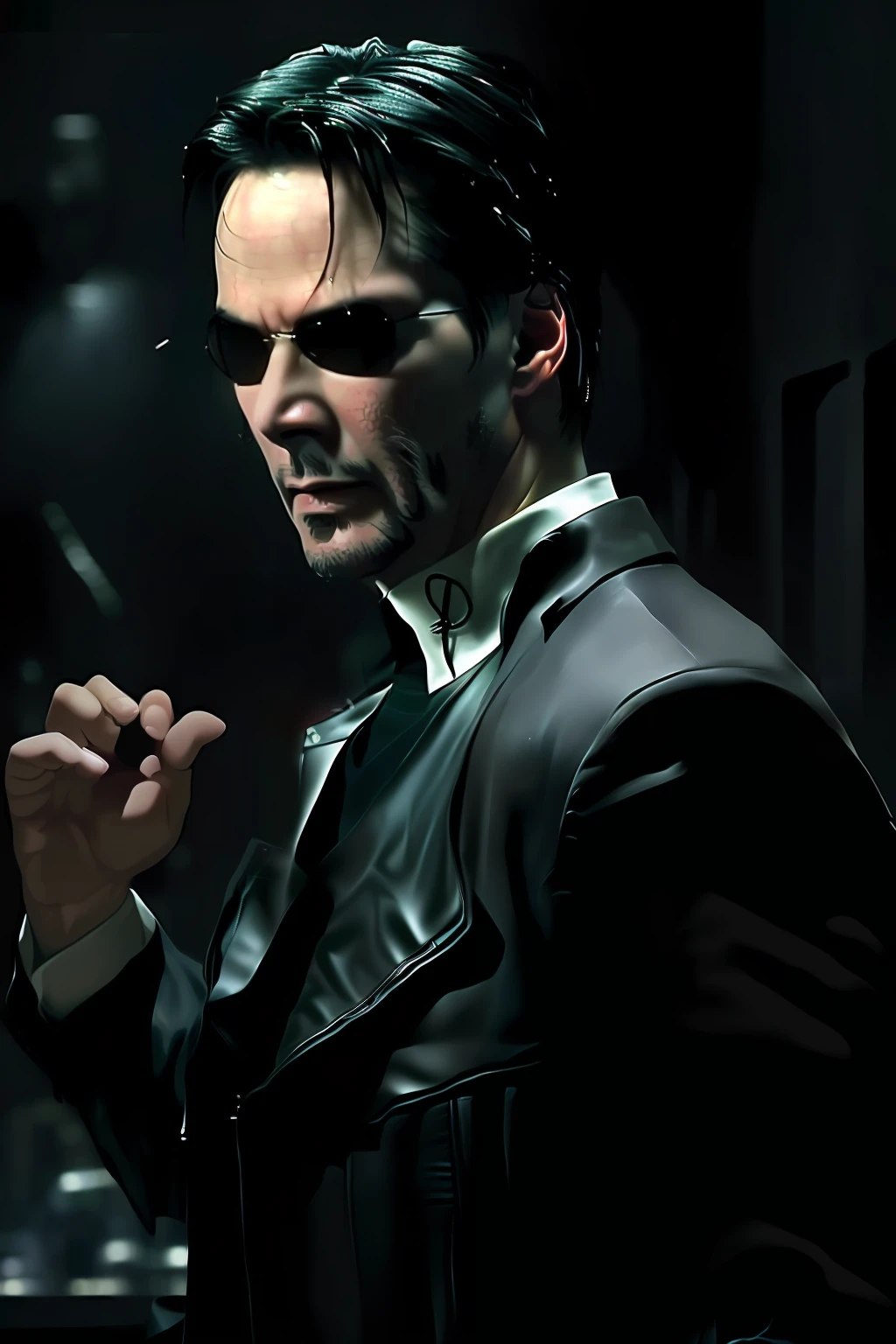 Neo wearing black trench coat with cape, black leather ,(((Keanu Reeves face como neo de The Matrix 1999))) face ,((melhor qualidade)), ((obra-prima)), (detalhada) fan art de (neo from the matix) face, ((neo de matrix face)), keanu reaves, the matrix (1999), óculos escuros, noite, 80mm, ((animação ocidental)), (neo the matrix (1999)), (cabelo curto), (Tokyo Street Nights), (((beardless))), (((Neo from The Matrix 1999))), (((young)))