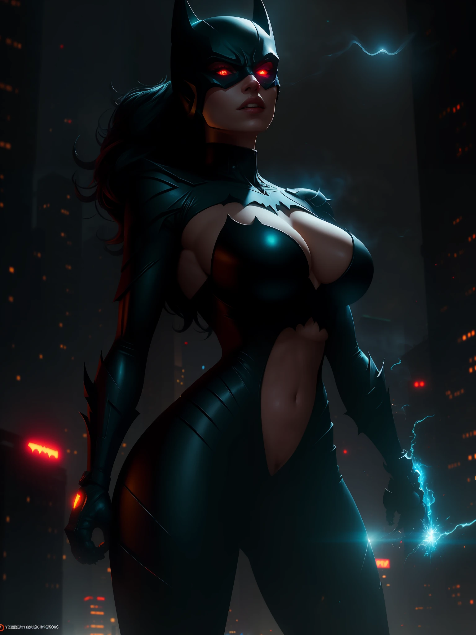Scene from the movie, Sexy Woman dressed as Batman Beyond from DC, big boobs, extremely detailed, futuristic cityscape, nighttime, glowing neon lights, smoke, sparks, metal shavings, flying debris, blue energy effects, volumetric light