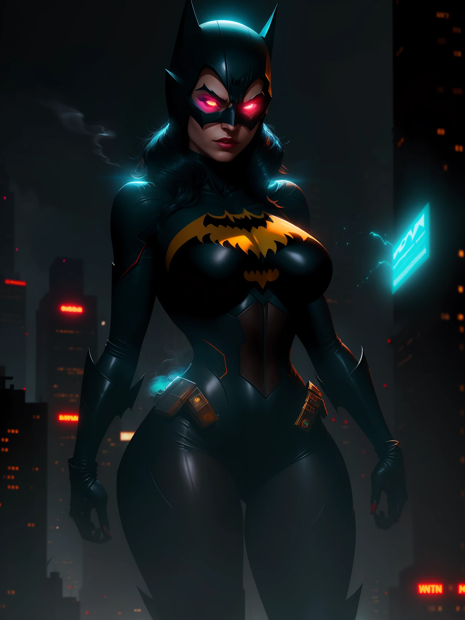 Scene from the movie, Sexy Woman dressed as Batman Beyond from DC, big boobs, extremely detailed, futuristic cityscape, nighttime, glowing neon lights, smoke, sparks, metal shavings, flying debris, blue energy effects, volumetric light