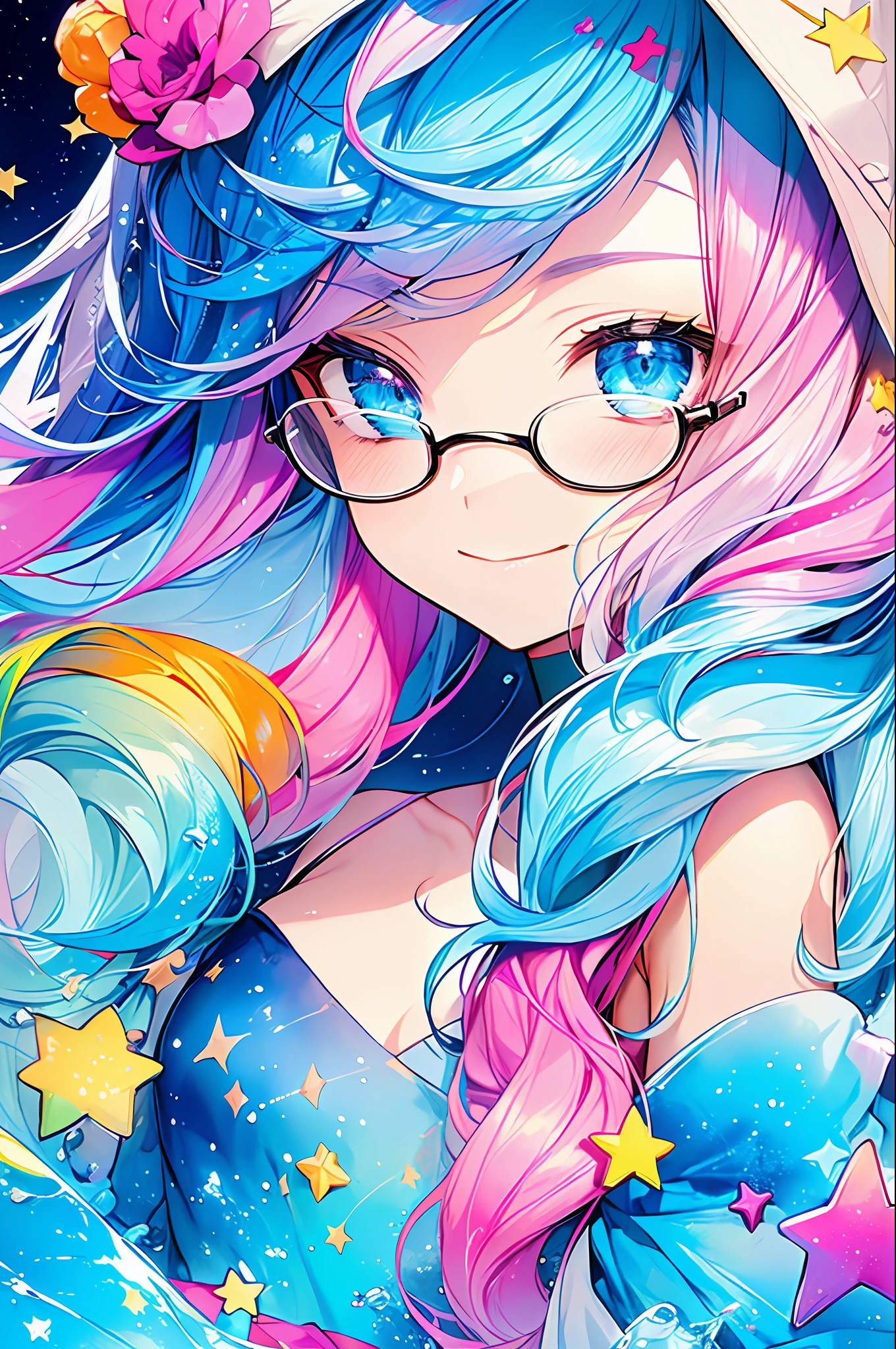 (Masterpiece, Top Quality, Best Quality, Watercolor (Medium), Official Art, Beautiful and Aesthetic: 1.2), (1 Girl: 1.3), (Fractal Art: 1.3), Upper Body, Sideways, Watching the Viewer, Pattern, (Iridescent Hair, Colorful Hair, Half Blue and Half Pink Hair: 1.2), Water, Liquid, Clouds, Colorful, Starry Sky, Stars, Smile, Glasses, Close Up, Heterochromia, (Colorful: 1.5)