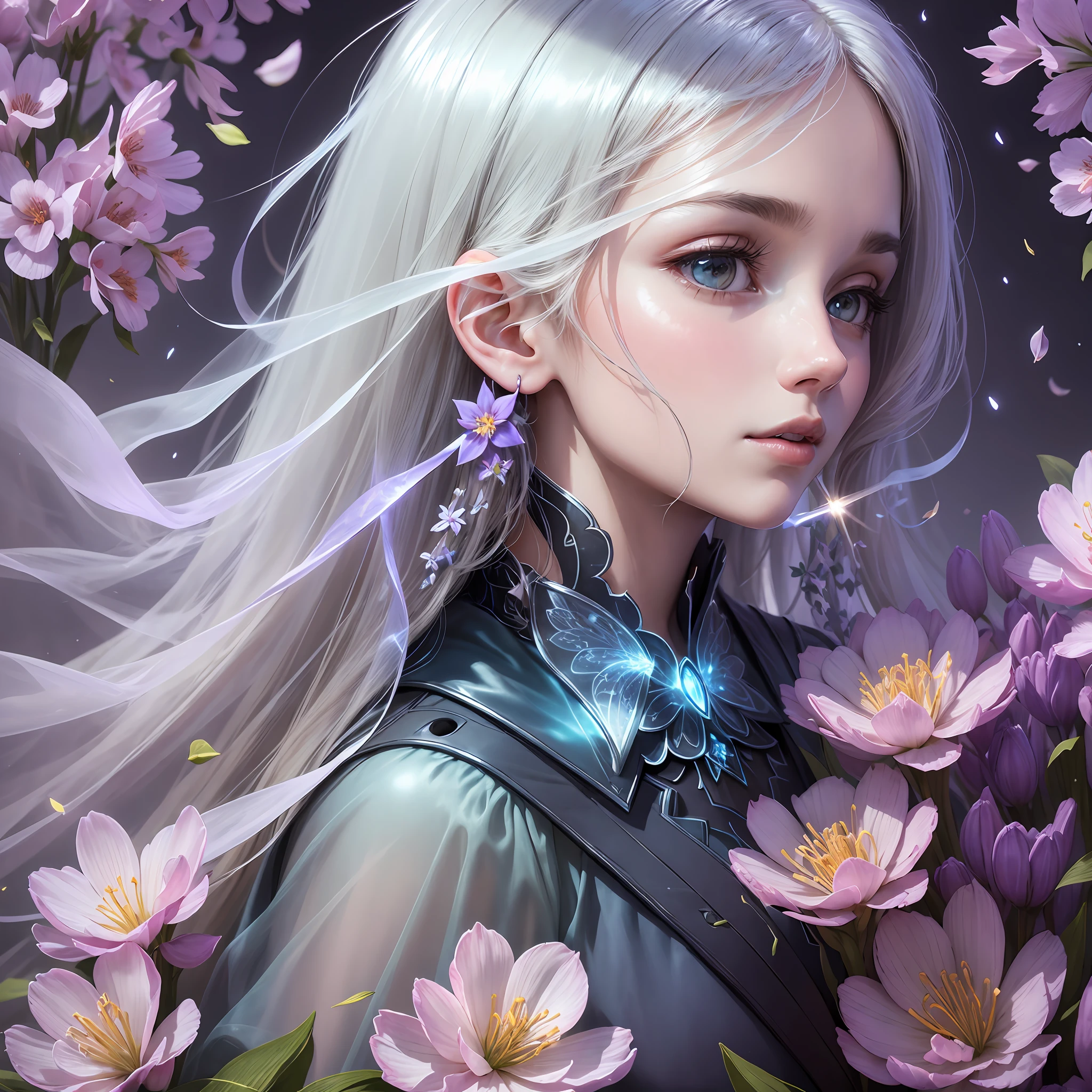 bouquet of delicate flowers Hyacinth, super transparent, holy light, beautiful spectral light, petals glow, flashing, dark background, transparent light drops, reflective light, bright, light flowing in, optics, portrait profile, sharp focus, magical, intricate, ultra realistic, fantasy, composition, light, trend in artstation, pearl, silver vapor patronus cloud, family of corrosive enveloping rays, 8k, ureal air 23v4 uplight --auto --s2