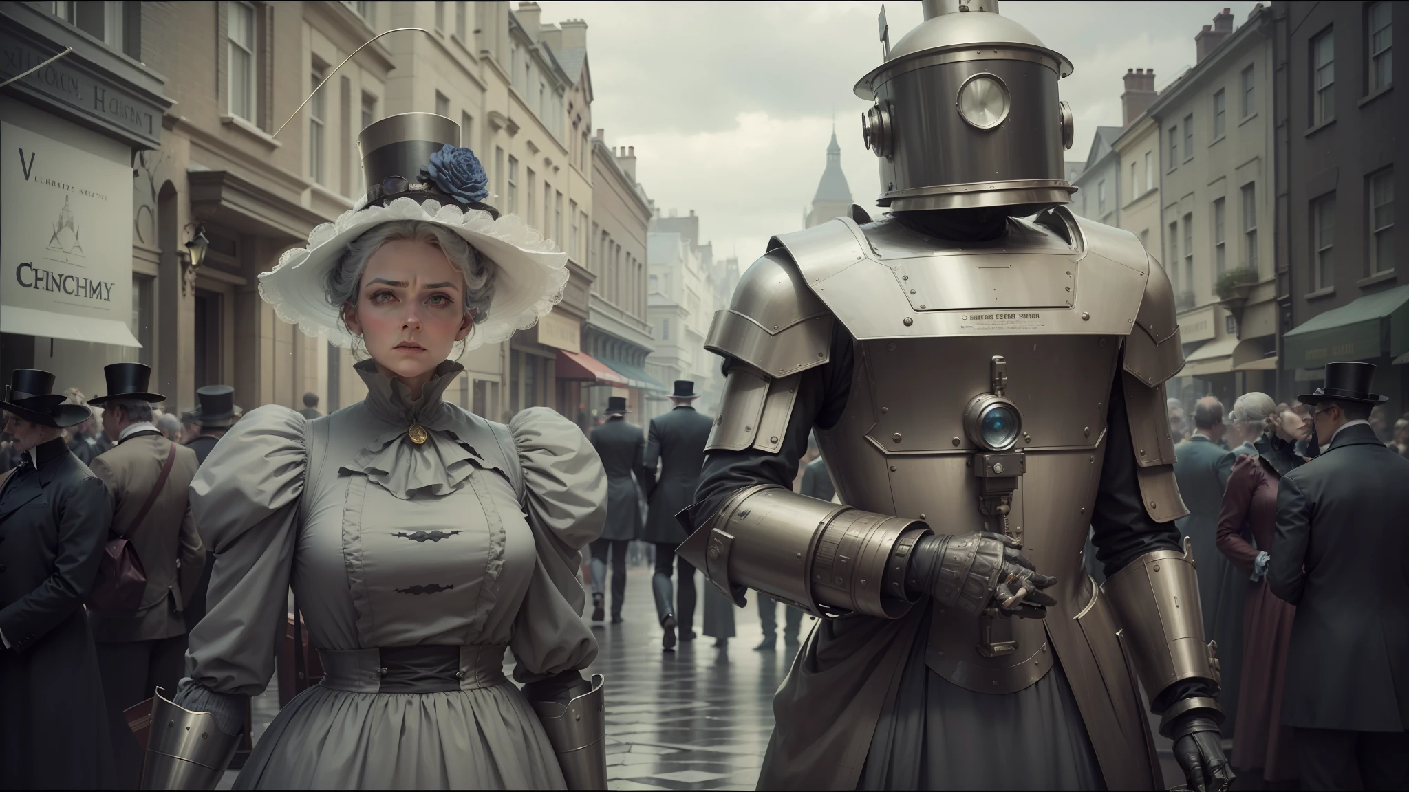 there are two people dressed in costumes standing in a street, inspired victorian sci - fi, cinematic cgsociety, woman and robot, still image from tv series, by D. Alexander Gregory, compositing, gray anthropomorphic, still from film, english style, high hat, gray men, cedric payravernay --auto --s2