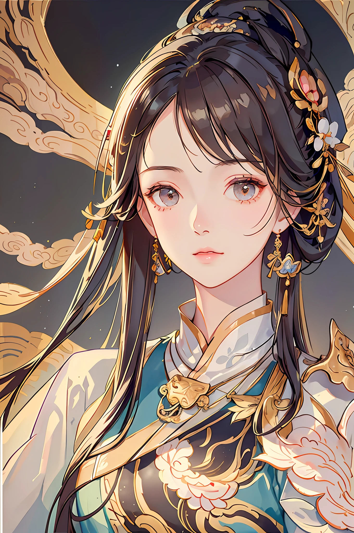(Realistic, portrait: 1.3), intricate details, full body shot, super long distance, painting, Chinese style, white clothes fluttering, 1girl, solo, long hair, wind, gorgeous face, best quality, masterpiece, maximum detail, diffuse lighting, (brunet: 1.3) center composition, poster design