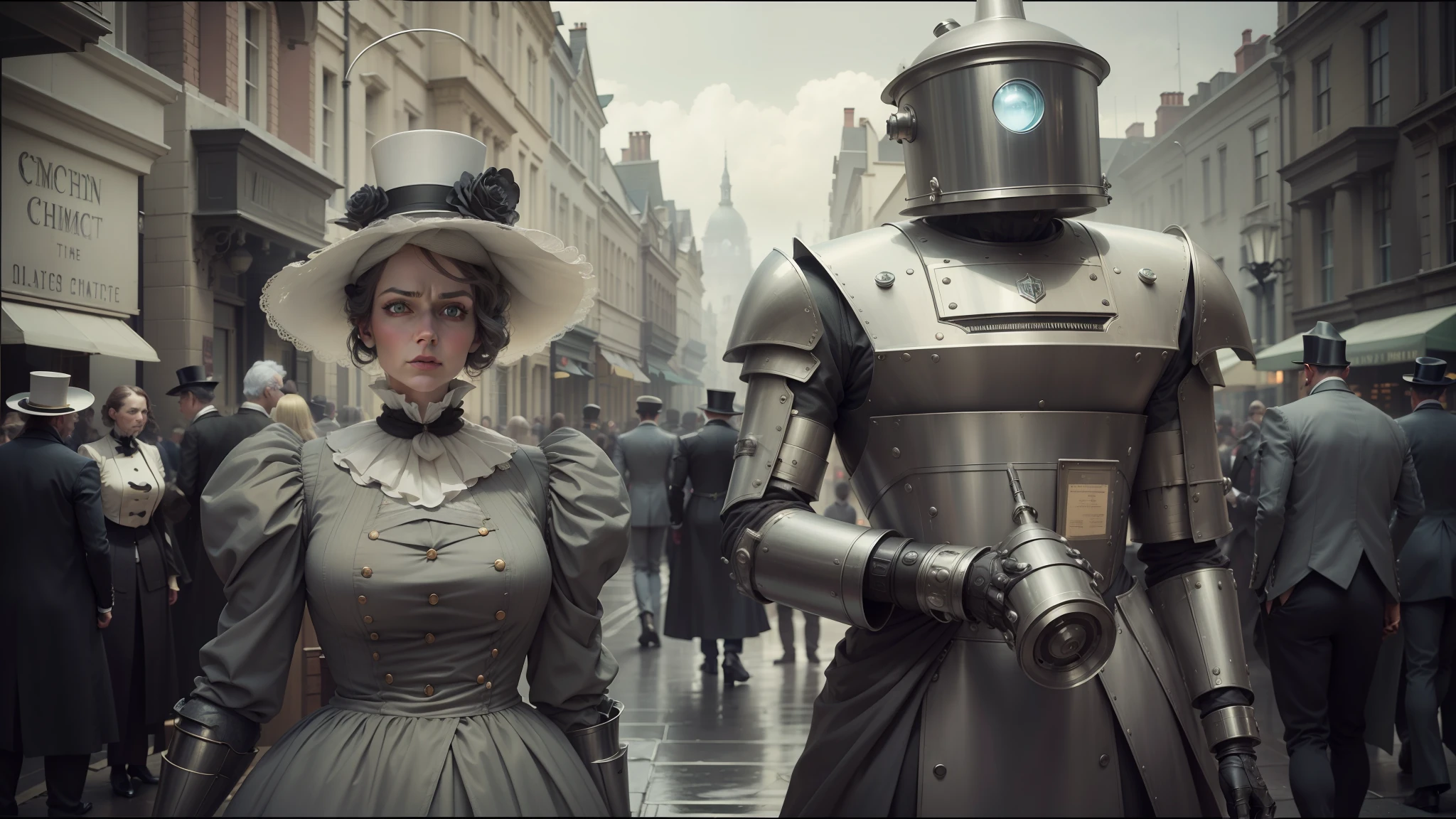 there are two people dressed in costumes standing in a street, inspired victorian sci - fi, cinematic cgsociety, woman and robot, still image from tv series, by D. Alexander Gregory, compositing, gray anthropomorphic, still from film, english style, high hat, gray men, cedric payravernay --auto --s2