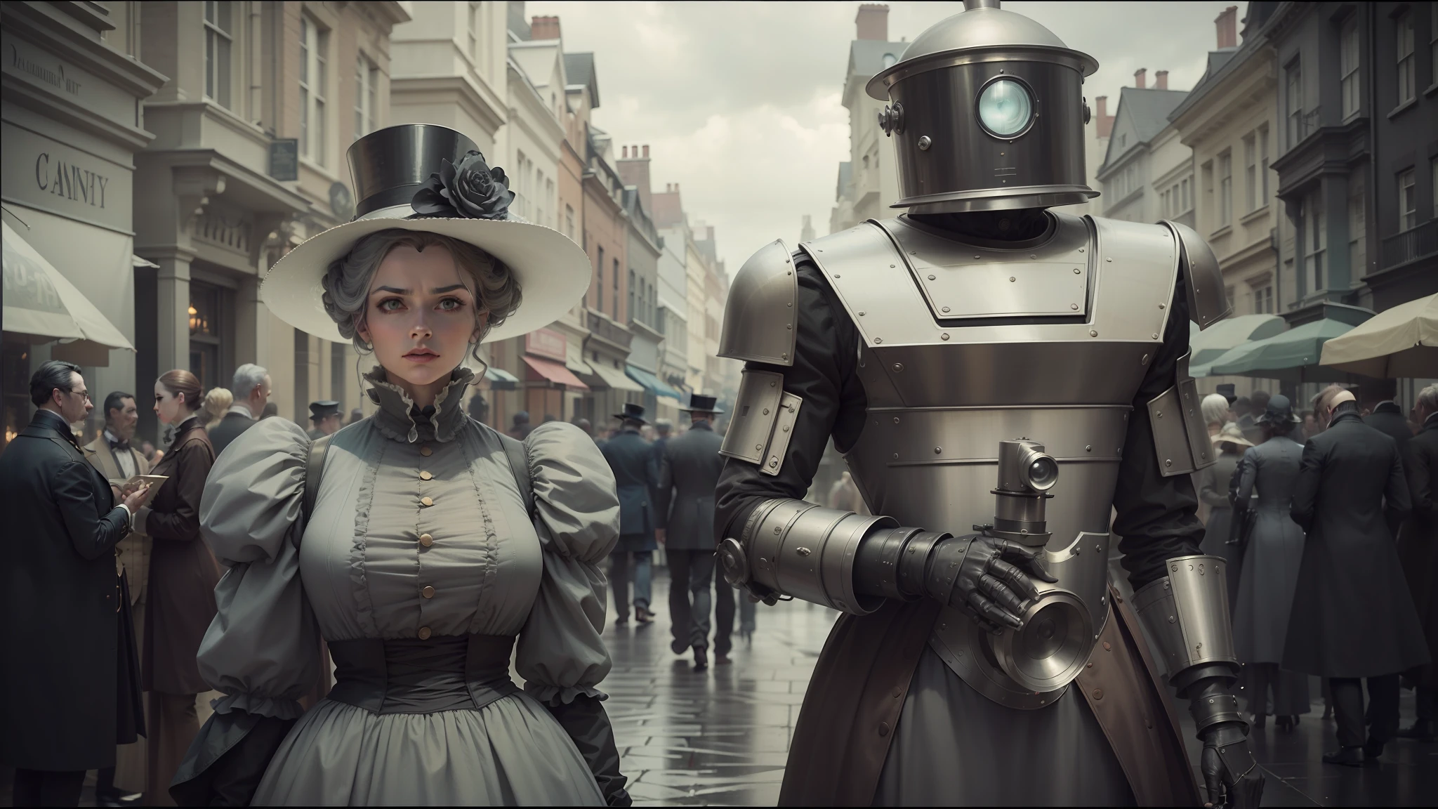 there are two people dressed in costumes standing in a street, inspired victorian sci - fi, cinematic cgsociety, woman and robot, still image from tv series, by D. Alexander Gregory, compositing, gray anthropomorphic, still from film, english style, high hat, gray men, cedric payravernay --auto --s2