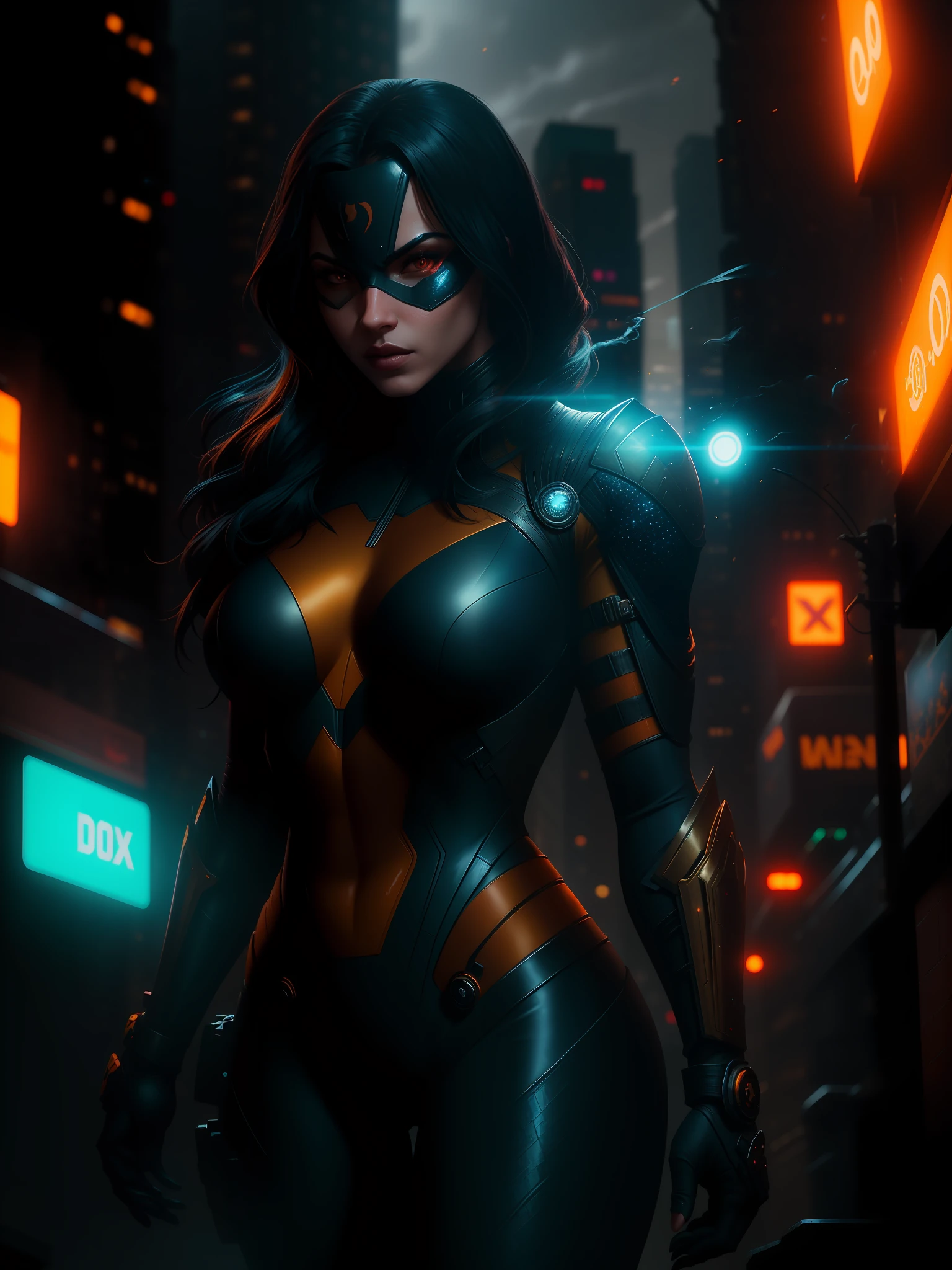 Scene from the movie, Sexy Woman dressed as Deathstroke from DC, extremely detailed, futuristic cityscape, nighttime, glowing neon lights, smoke, sparks, metal shavings, flying debris, blue energy effects, volumetric light