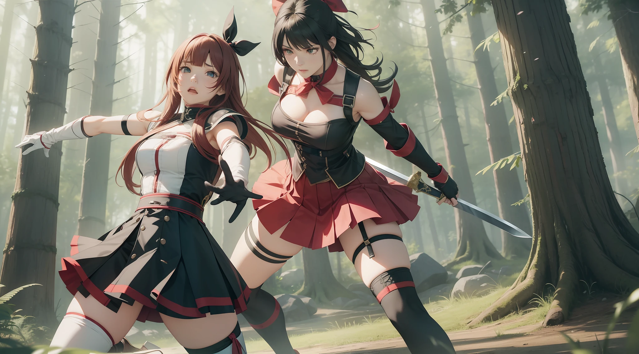 Full body shot from head to feet, two female characters from Dead or Alive. Female 1 attacking Female 2 with short sword, while Female 2 defending with short sword, but wounded and defeated, in pain expression. Both characters have long hairstyle, wear short sleevelessdress, with ribbon in the back, and long gloves. Both characters wears short skirt is also a prominent feature of their attire, complemented by black thigh highs stockings. The background set in a deep forest, with simple effect.