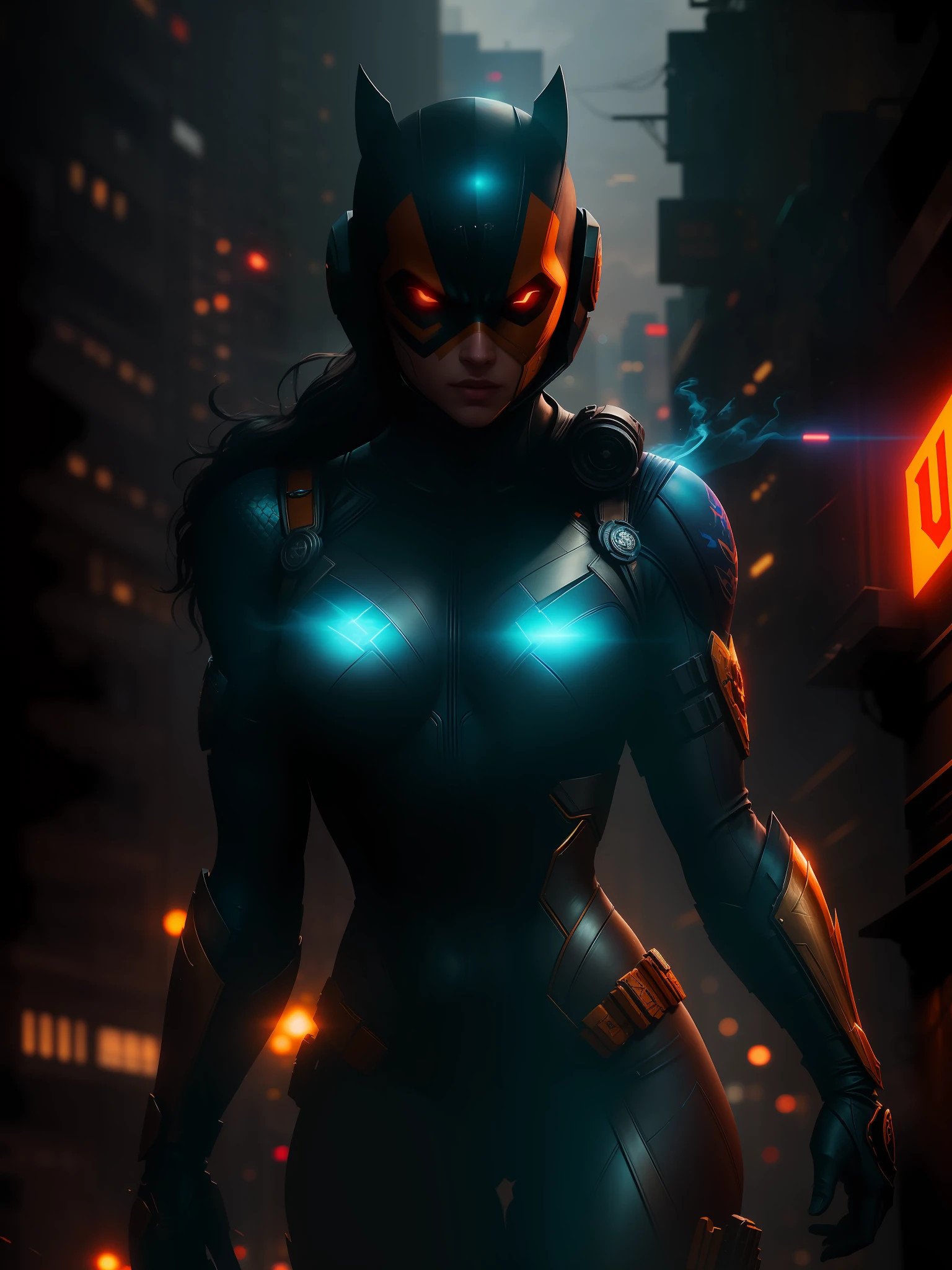 Scene from the movie, Sexy Woman dressed as Deathstroke from DC, extremely detailed, futuristic cityscape, nighttime, glowing neon lights, smoke, sparks, metal shavings, flying debris, blue energy effects, volumetric light