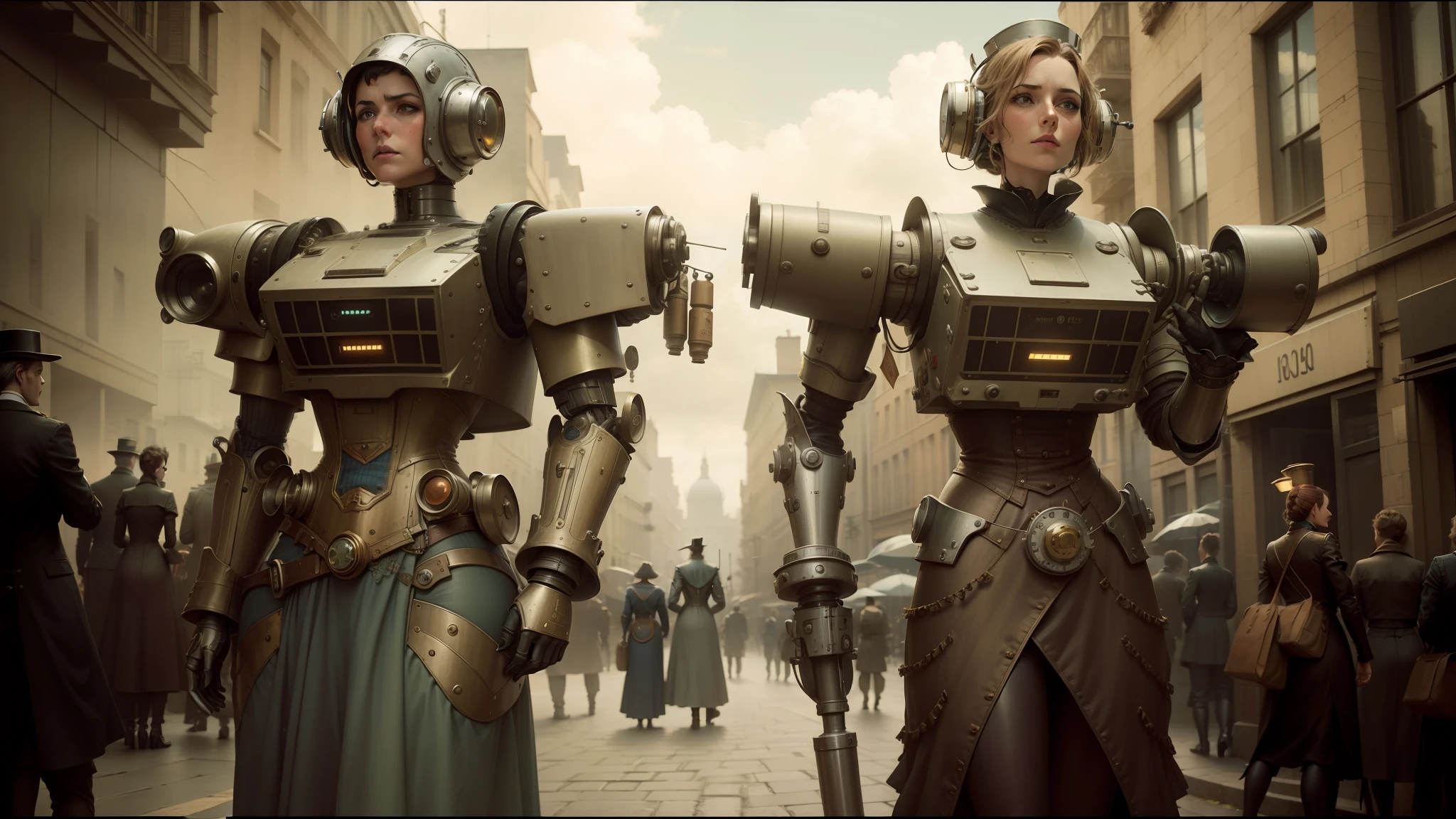 there are two robots that are standing in the street, in detailed steampunk dress, cinematic style photograph, two women, inspired by Jean Tabaud, three women, terminals, fishpeople, 2008 cinematography, iain mccaig, humanized, 5 0 0 px models, promotional photograph, 1 9 th century photography --auto --s2