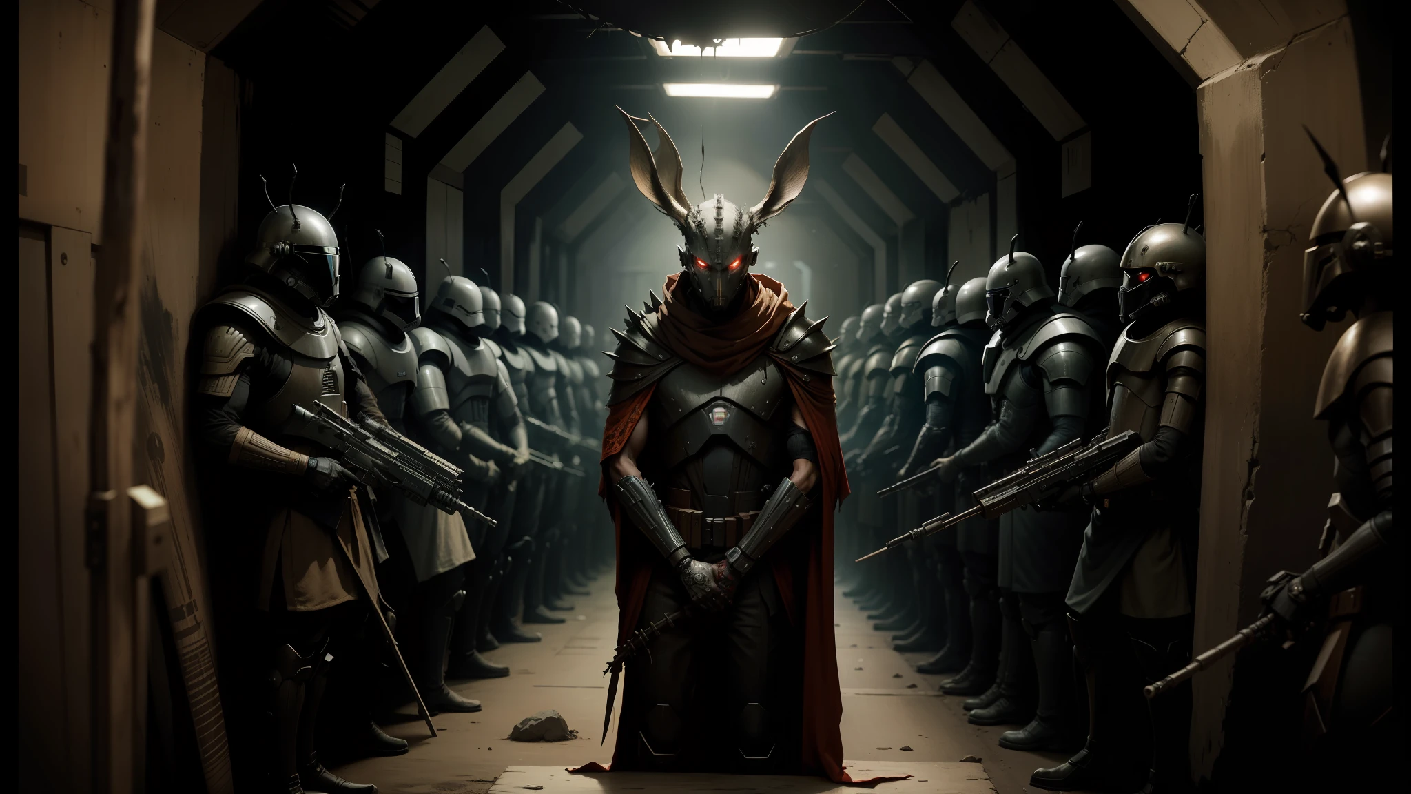 arafed image of a man in a long robe standing in a tunnel with a bunch of soldiers, cyborg jackalope cyberpunk, still from animated horror movie, in a spiky tribal style, style of dragan bibin, portrait of an insectoid, without text, wooden bark armor, prisoner, movie still from star wars, by Todd Lockwood, droid --auto --s2