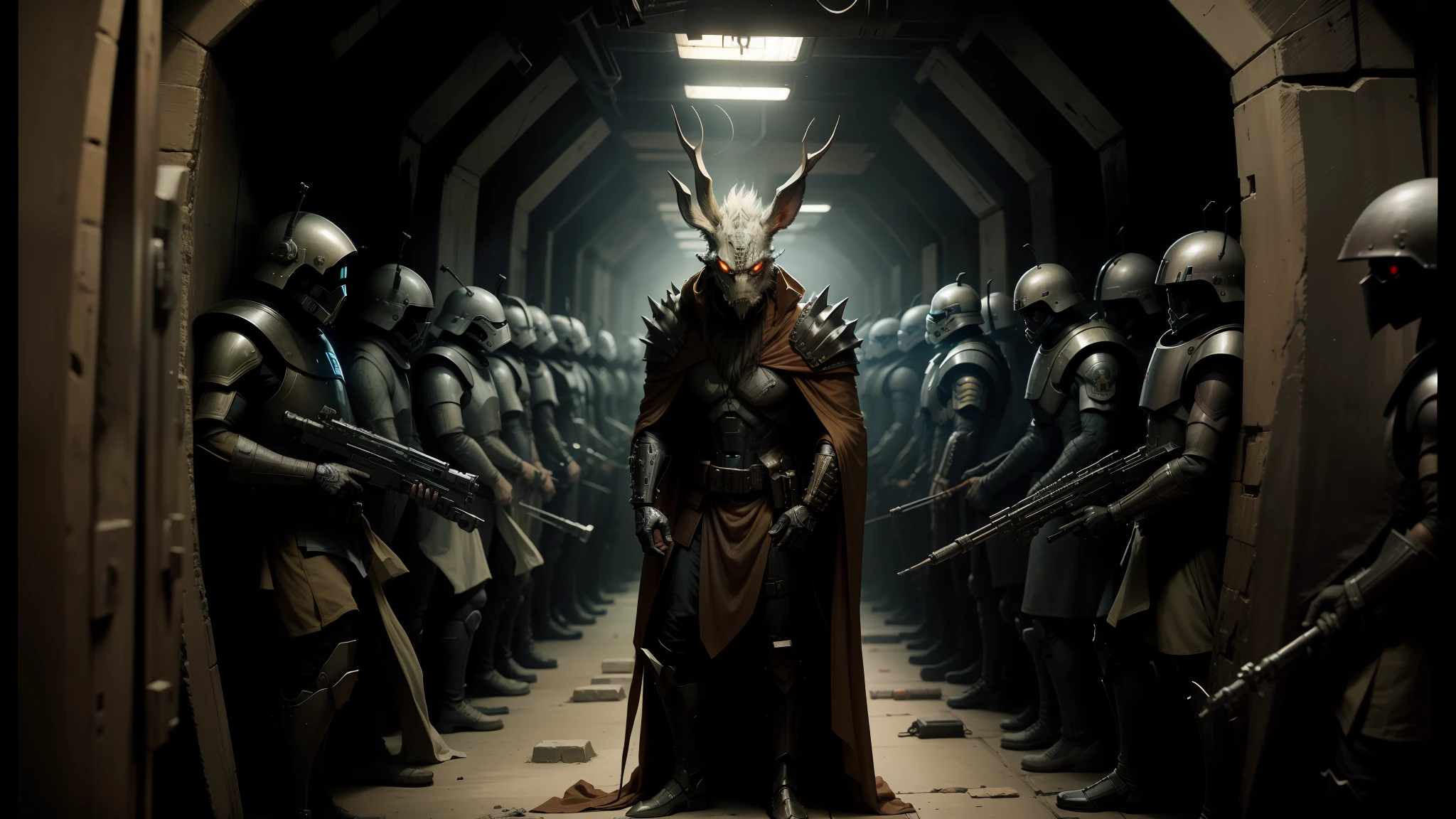 arafed image of a man in a long robe standing in a tunnel with a bunch of soldiers, cyborg jackalope cyberpunk, still from animated horror movie, in a spiky tribal style, style of dragan bibin, portrait of an insectoid, without text, wooden bark armor, prisoner, movie still from star wars, by Todd Lockwood, droid --auto --s2