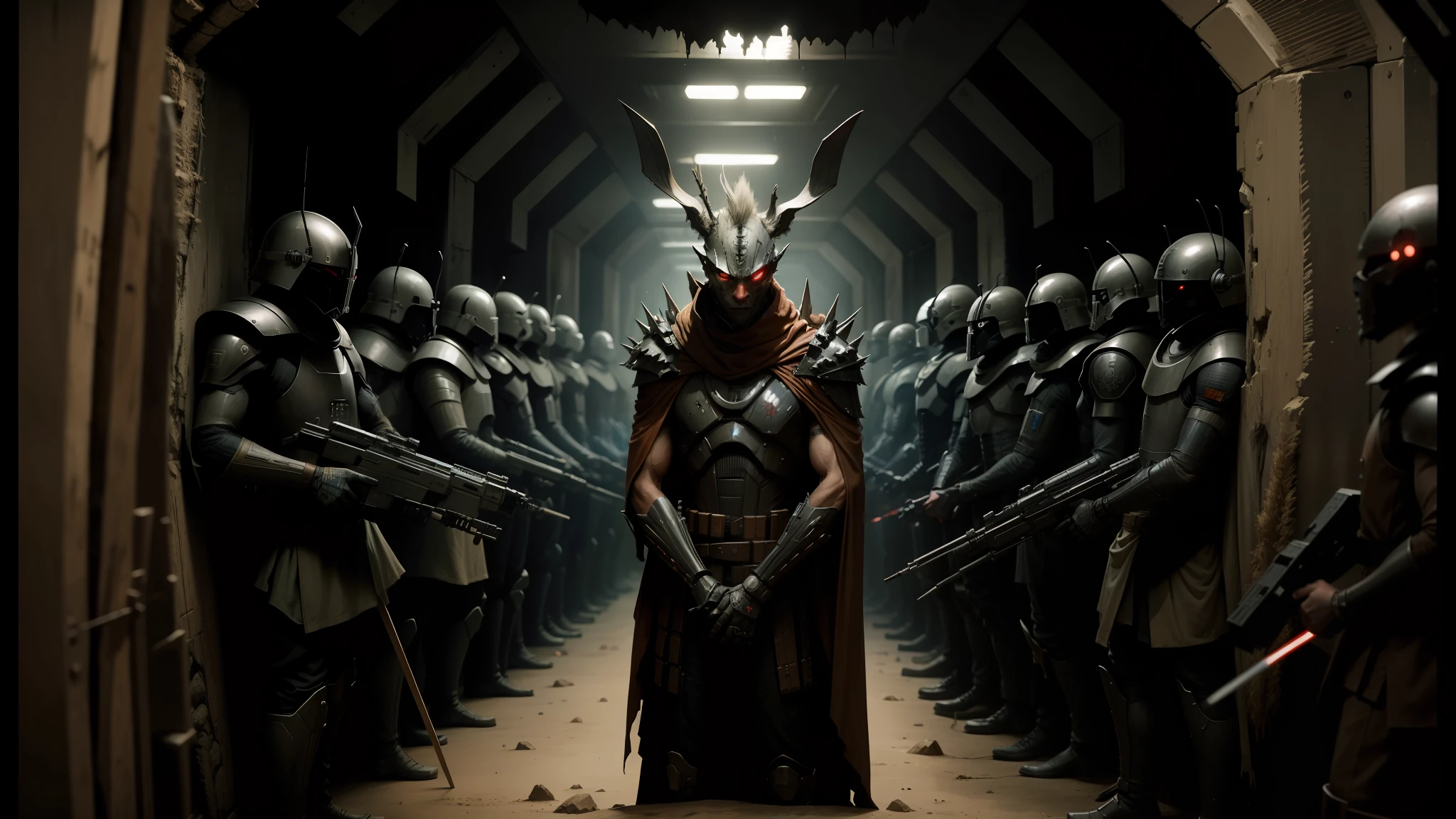 arafed image of a man in a long robe standing in a tunnel with a bunch of soldiers, cyborg jackalope cyberpunk, still from animated horror movie, in a spiky tribal style, style of dragan bibin, portrait of an insectoid, without text, wooden bark armor, prisoner, movie still from star wars, by Todd Lockwood, droid --auto --s2