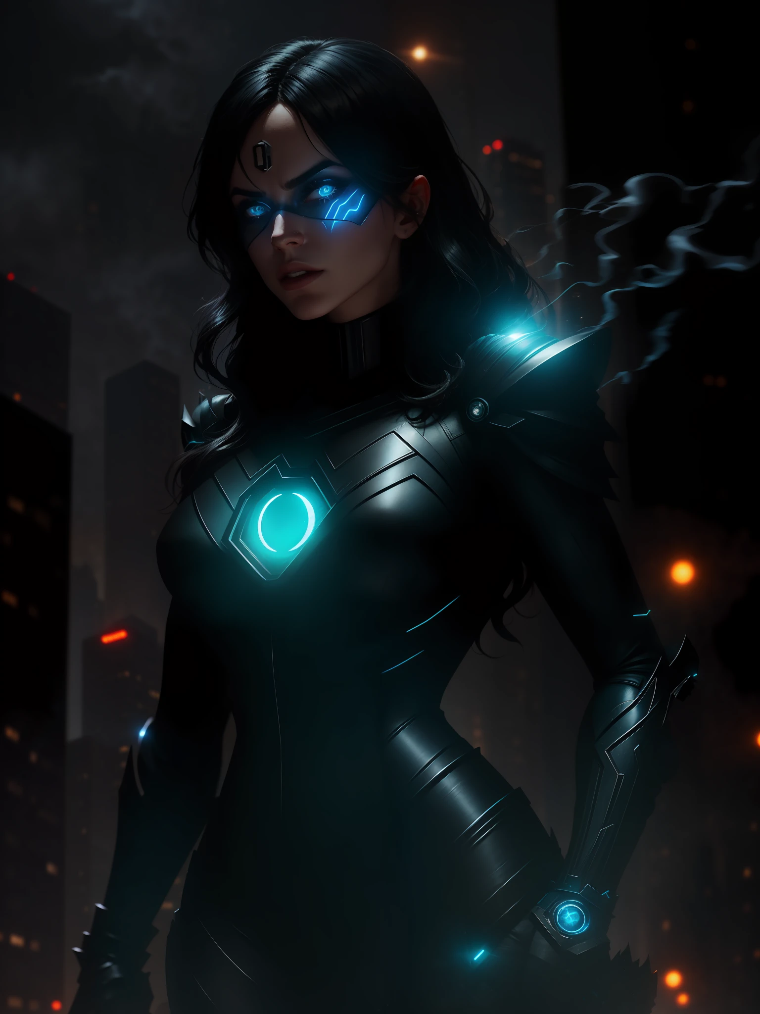 Scene from the movie, Woman dressed as Black Lantern from DC, extremely detailed, futuristic cityscape, nighttime, glowing neon lights, smoke, sparks, metal shavings, flying debris, blue energy effects, volumetric light