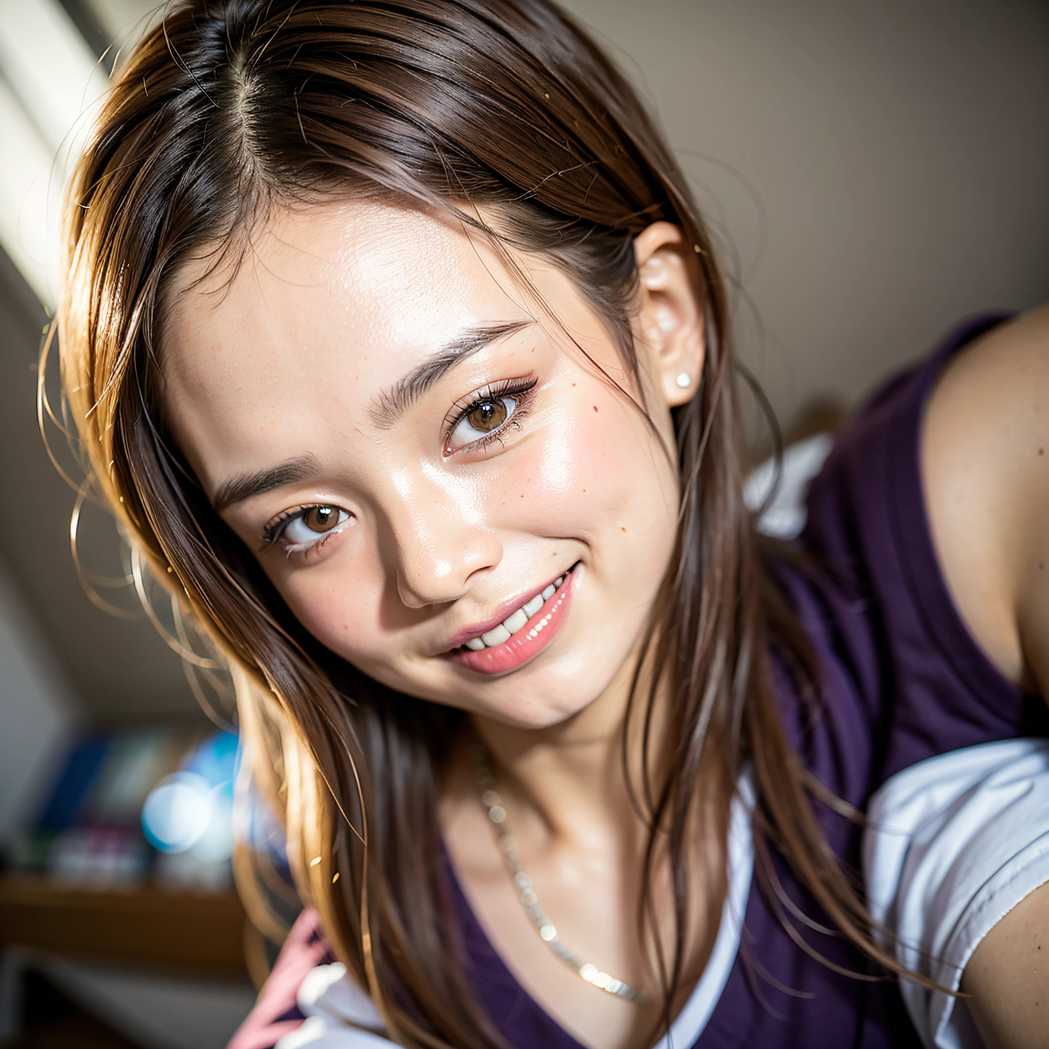 1 girl, (happy smile, open mouth: 1.1), 8k, RAW portrait of Japan girl, 80mm, super high resolution, top quality, break (nurse uniform: 1.1), (looking down at the viewer from below), big, hospital room, bed, sitting on bed, break (natural skin texture, detailed skin, hyper-realism, super sharpness), intricate details, high resolution, natural light,