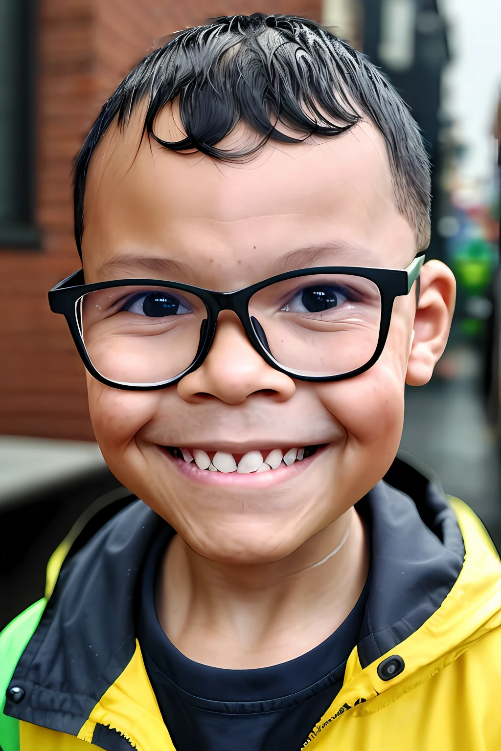 guttonerdvision3, portrait of a happy 3-year-old boy wearing glasses, detailed face and skin, with yellow raincoat cim hood well wet, with a cup of hot coffee in his hands. It rains a lot in the city. The ultra realistic and detailed scene. Drawing with the touch of designer Alex Ross, UHD, depth of field