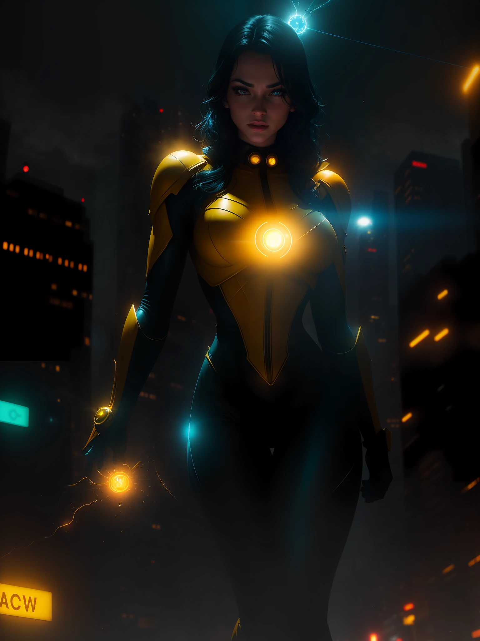Scene from the movie, Sexy Woman dressed as Yellow Lantern from DC, extremely detailed, futuristic cityscape, nighttime, glowing neon lights, smoke, sparks, metal shavings, flying debris, blue energy effects, volumetric light