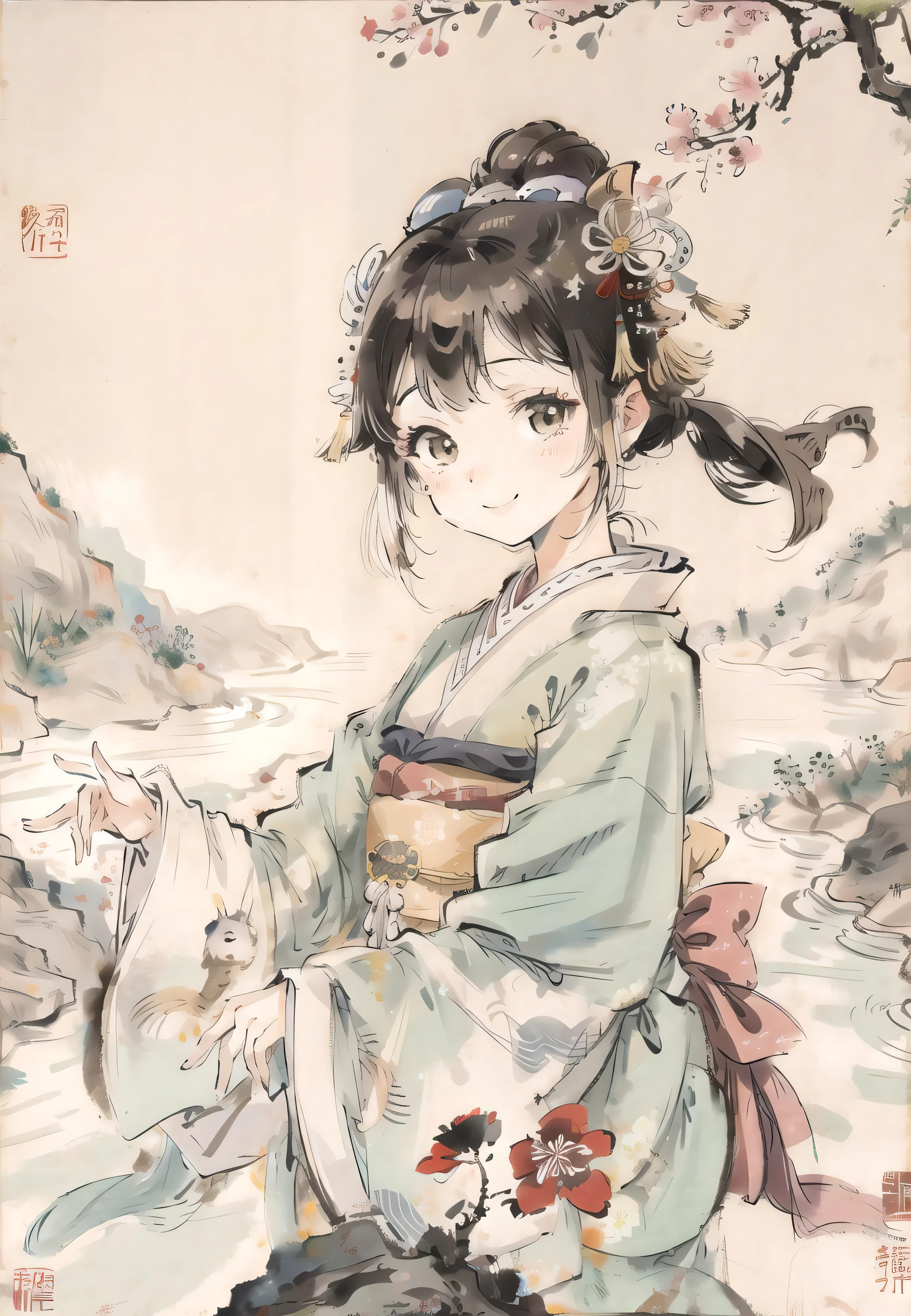 (masterpiece),best quality,good anatomy, (1 girl:1), (upper body),(smile),short hair,(hanfu),(ecchi0.5), (trees:0.5), (flowers:0.6) ,(wooden house:0.2),(bamboo forest:0.2),(creek:0.2),(river:0.2), Shinomiya Kaguya, Shinomiya Kaguya's Style,