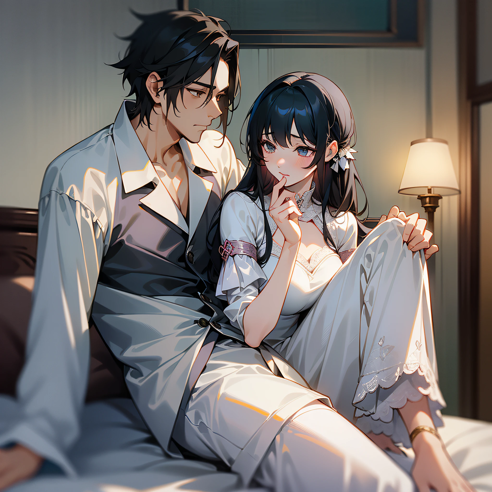 A man and a woman sitting on the bed, a thin man, man in white pajamas,  expression, villain, woman with black hair, dressed very revealingly, only showing the upper body (super complex details), (super detailed CG: 1.2), anime art style,