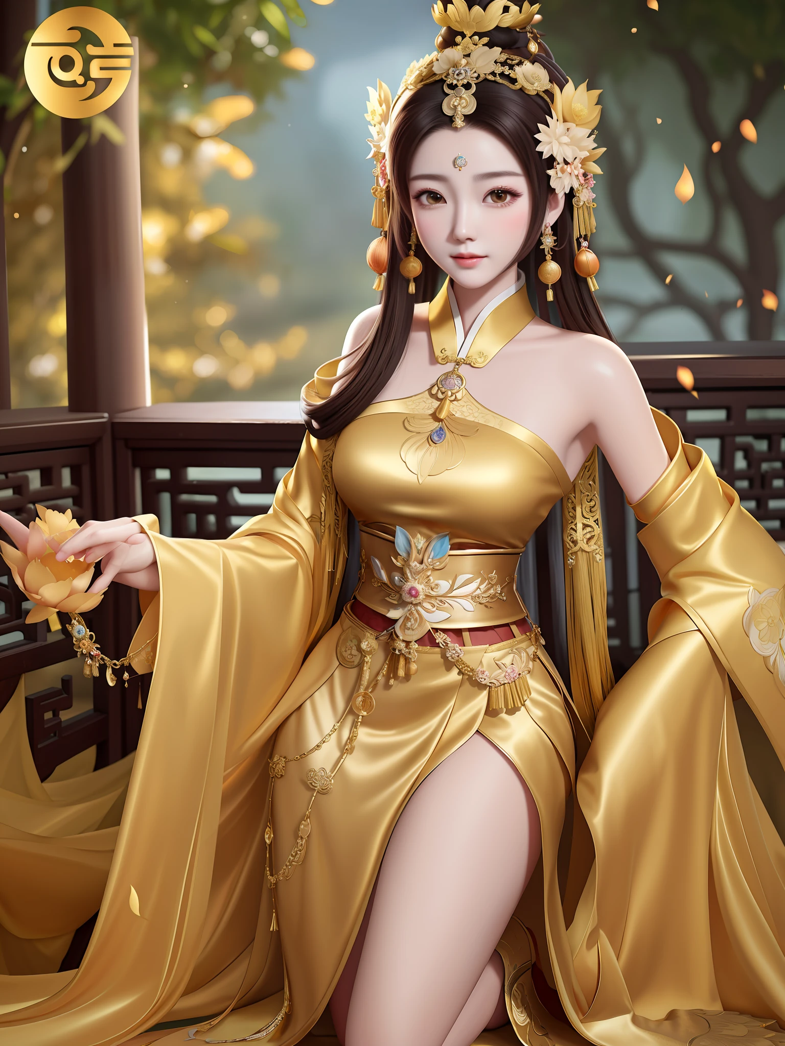 arafed woman in a golden dress posing for a picture, a beautiful fantasy empress, chinese empress, ((a beautiful fantasy empress)), trending on cgstation, elegant gold body, queen of the sea mu yanling, gilded lotus princess, full body xianxia, ancient chinese princess, chinese princess, goddess. extremely high detail, ancient chinese goddess, golden goddess