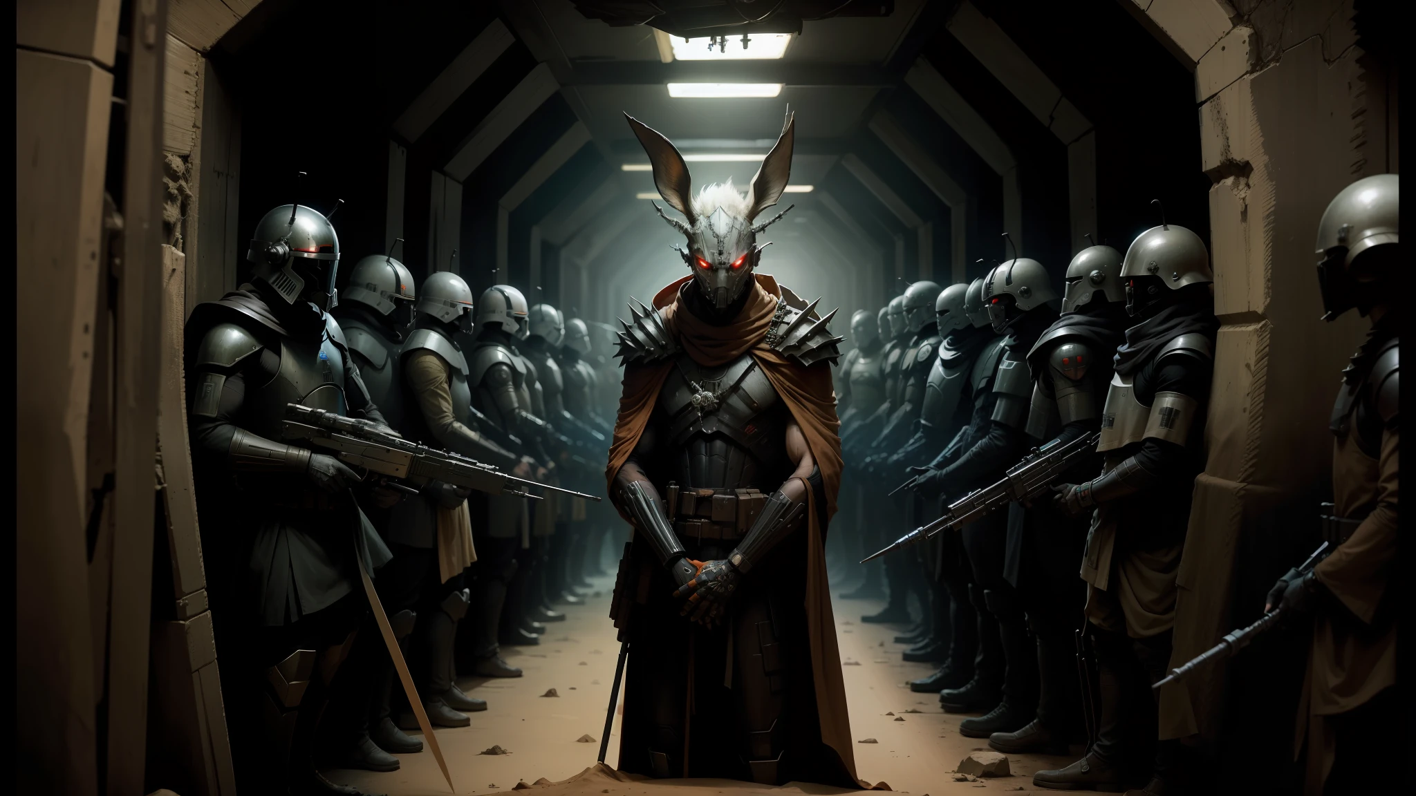 arafed image of a man in a long robe standing in a tunnel with a bunch of soldiers, cyborg jackalope cyberpunk, still from animated horror movie, in a spiky tribal style, style of dragan bibin, portrait of an insectoid, without text, wooden bark armor, prisoner, movie still from star wars, by Todd Lockwood, droid --auto --s2