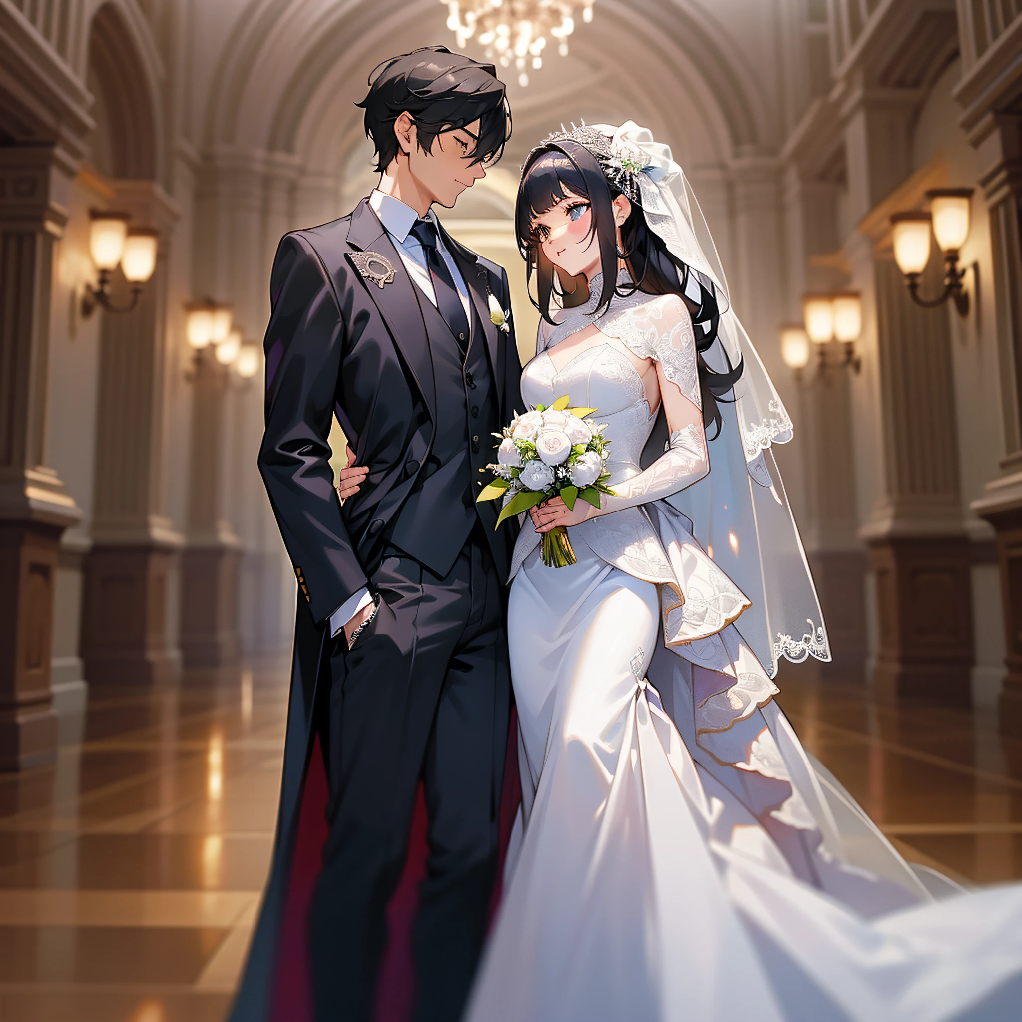 Photo of a man and a woman getting married, black suit, woman in white wedding dress (super intricate details), (super detailed CG: 1.2), anime art style, high quality 8K anime wallpaper, RGB lighting