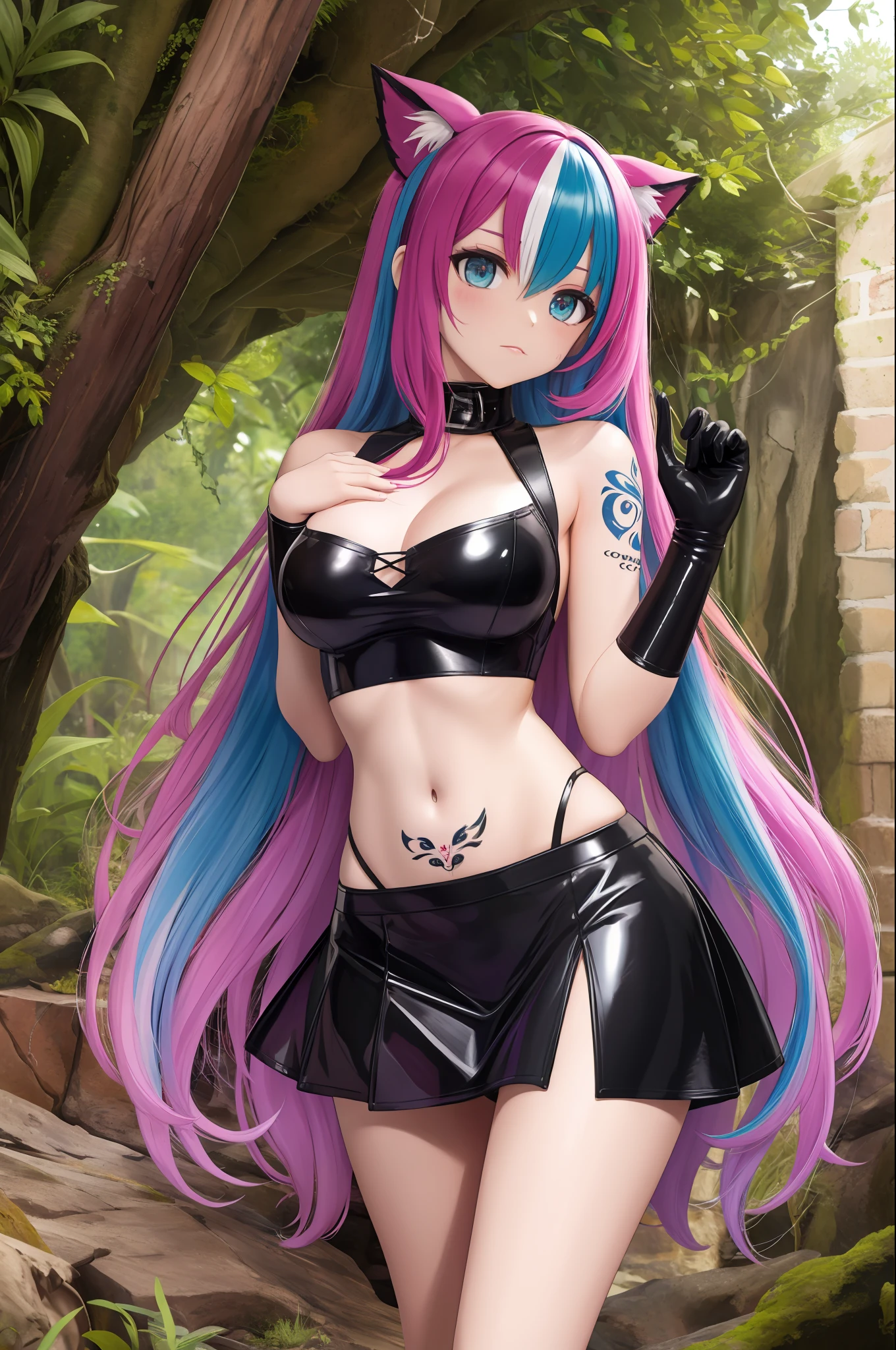 medium breasts, latex tube top, midriff, latex skirt, multicoloured hair, long hair, cave, womb tattoo, bare shoulders