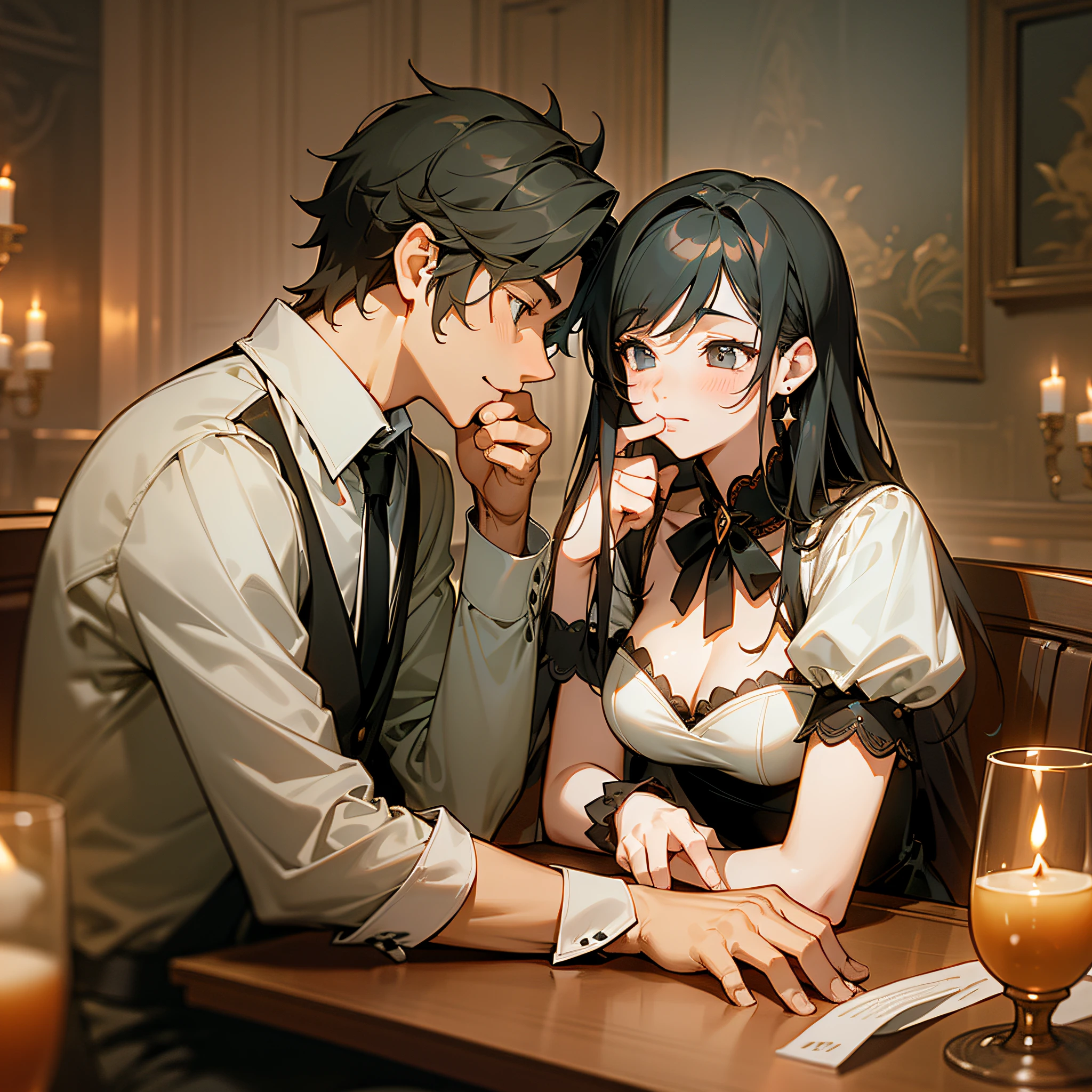 A man and a woman sitting at the dining table, there are many things on the table, the atmosphere is romantic, at night, the restaurant is candlelight, only the upper body is shown (super complex details), (super detailed CG: 1.2), anime art style,