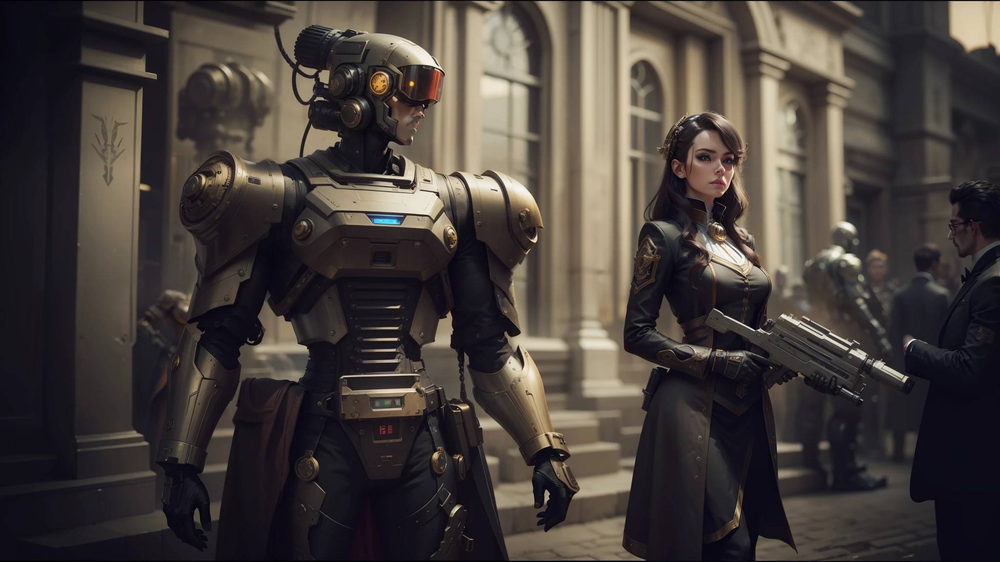 there is a woman standing next to a robot with a gun, steampunk male portrait, cinematic art shot, an elegant couple, grainy black and white footage, by Robert MacBryde, alexander abdulov, ecopunk, three piece suit, real life characters, brass colored armor coat, beautiful android woman, high definition cgsociety, humanization, machine elves --auto --s2
